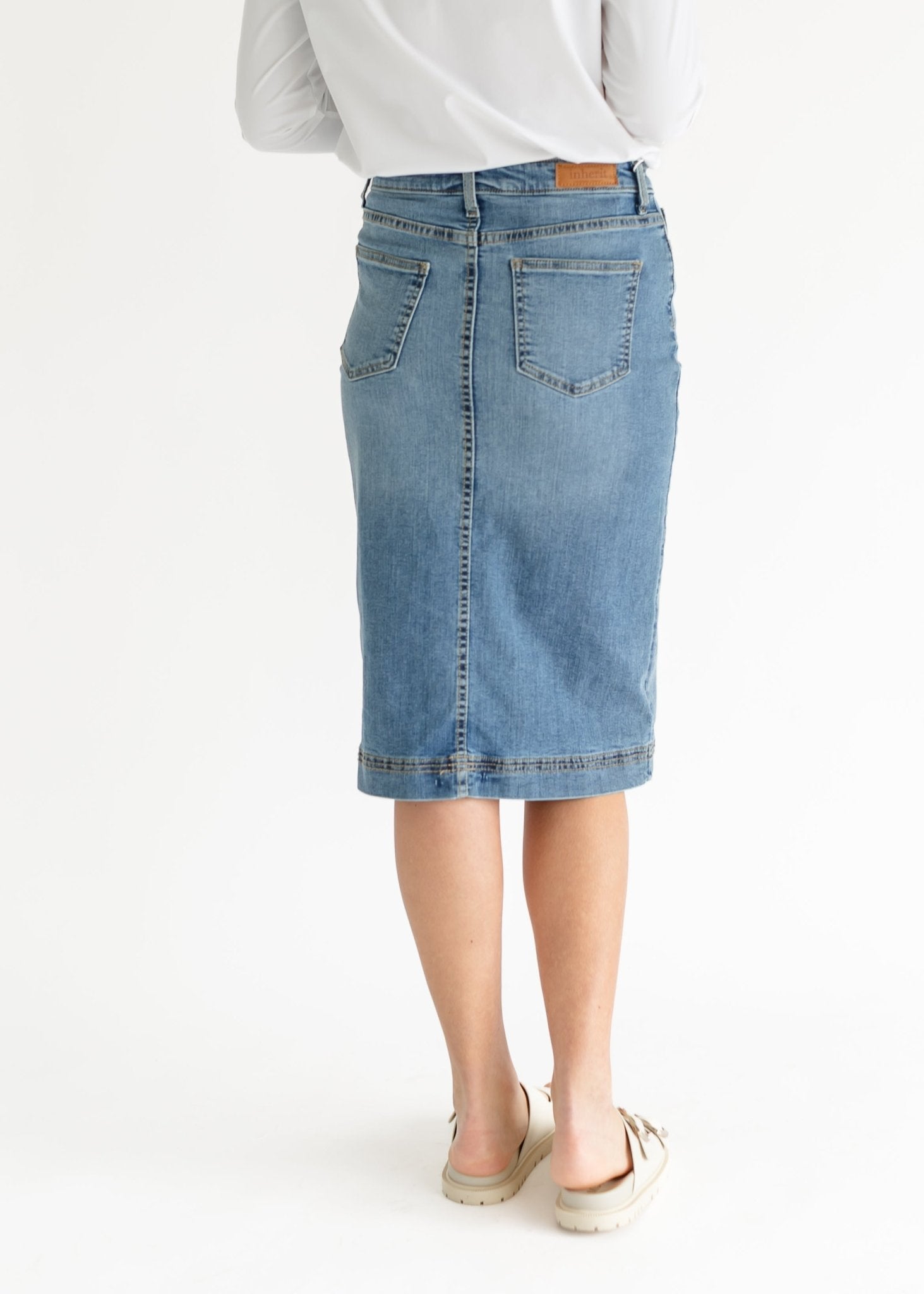 Bryn Light Wash Denim Midi Skirt | Sustainable Cotton Blend | Inherit Exclusive - Triniskies