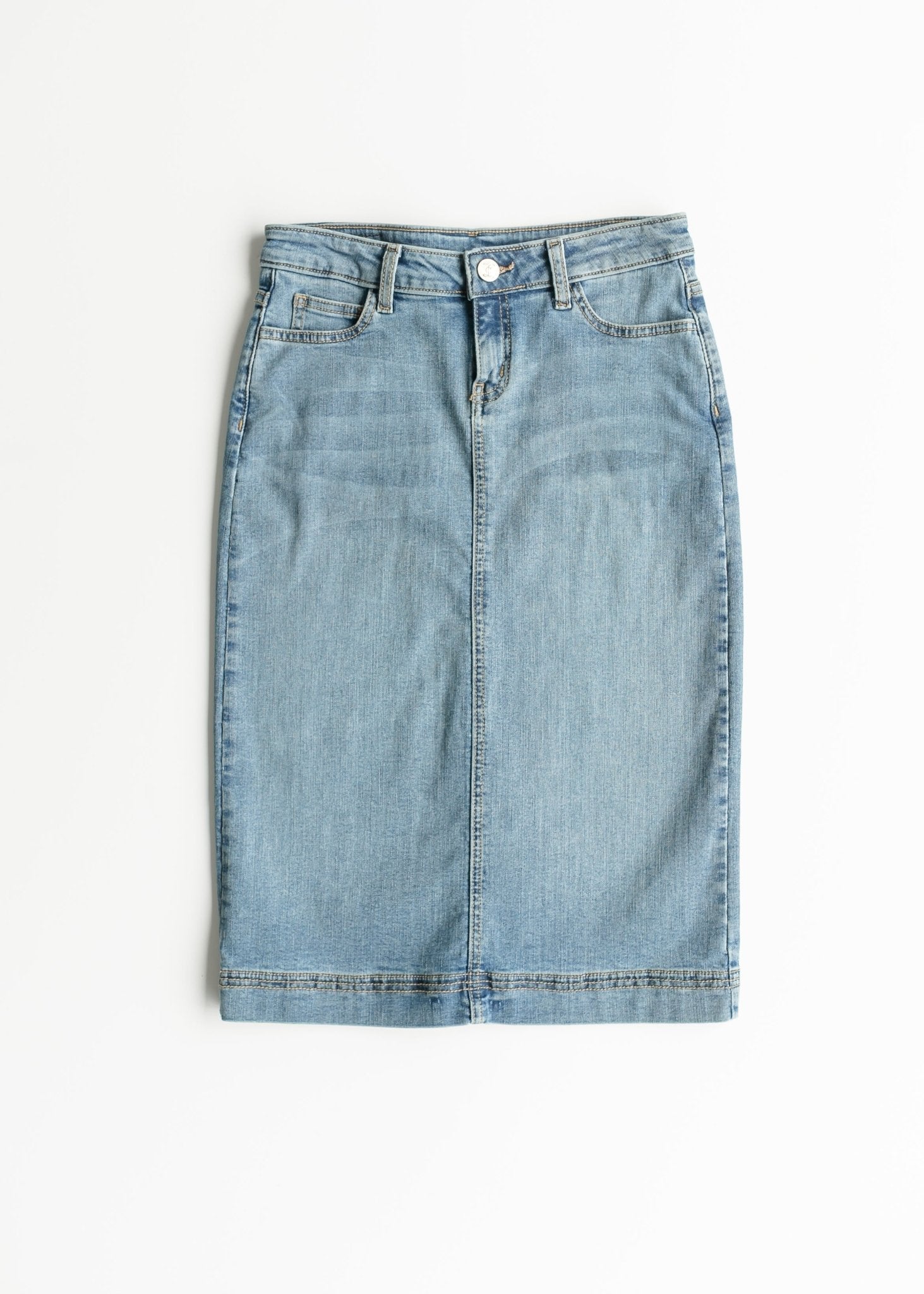 Bryn Light Wash Denim Midi Skirt | Sustainable Cotton Blend | Inherit Exclusive - Triniskies