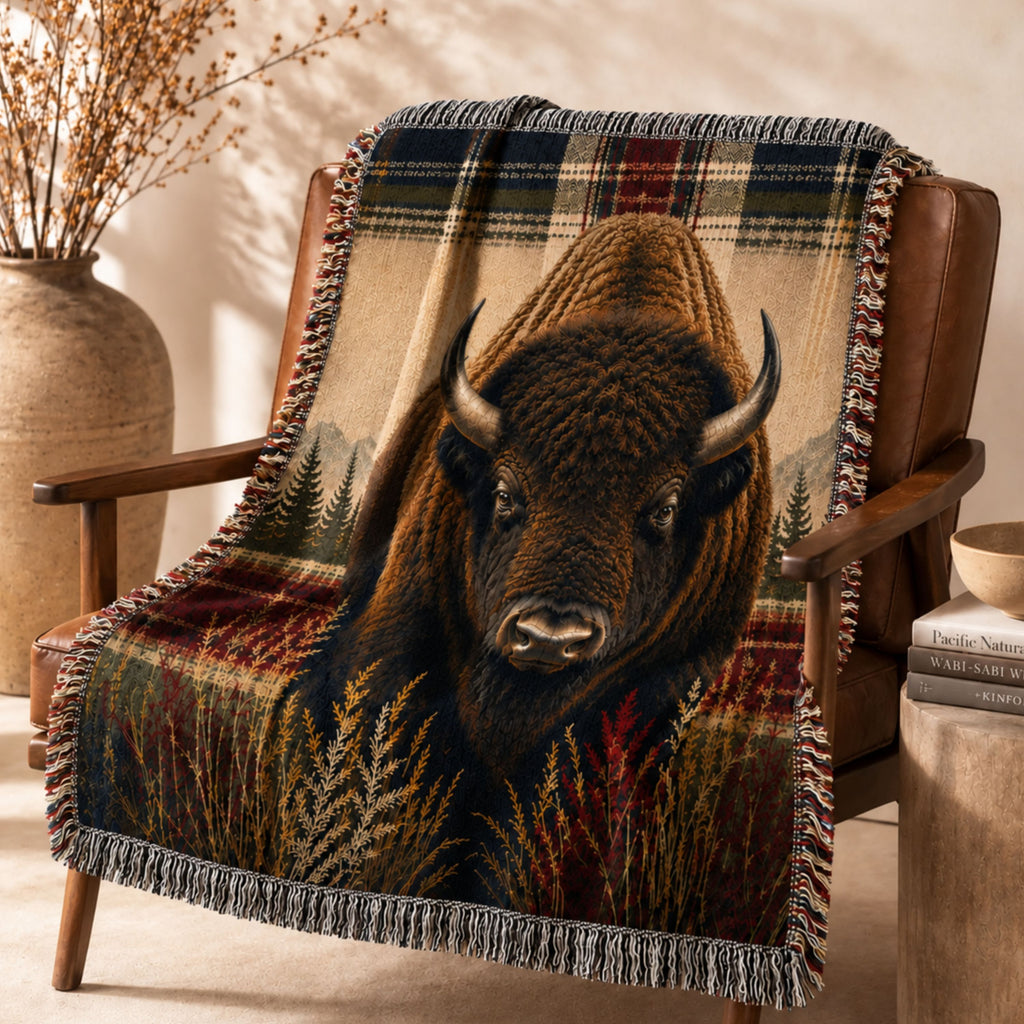 Heritage Buffalo bison portrait woven cotton throw blanket with heritage plaid border and multicolor fringe draped over an armchair