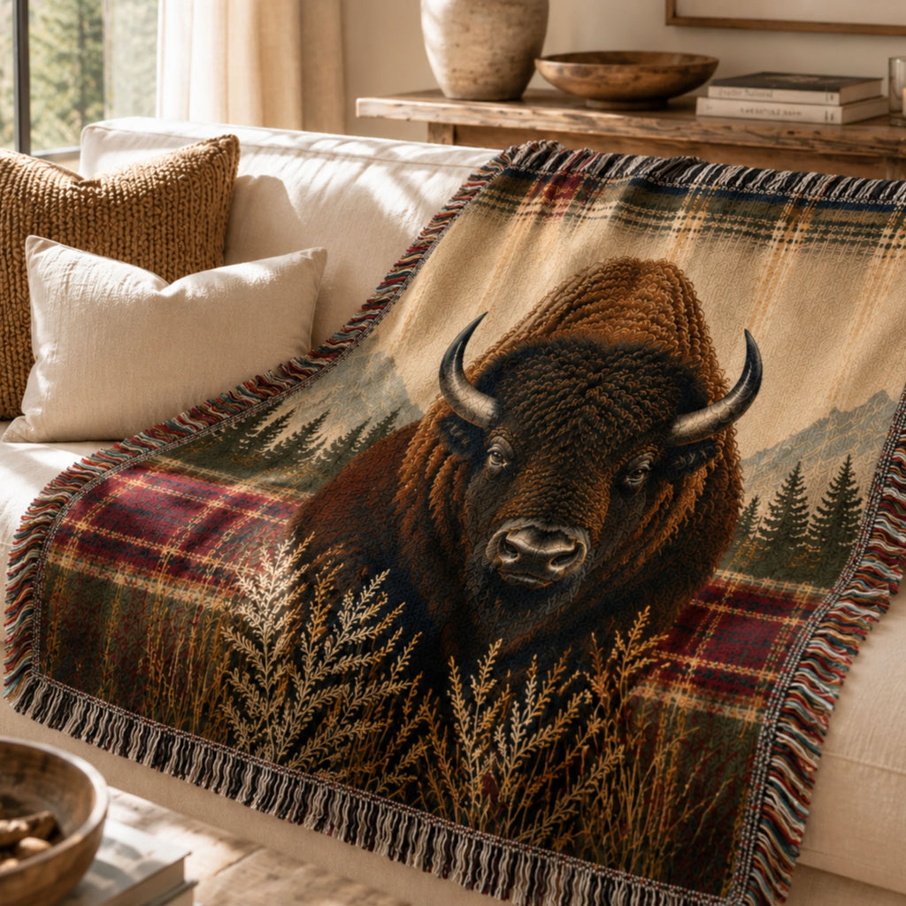 Heritage Buffalo woven cotton throw blanket with navy, crimson, and gold plaid border draped over a couch near a fireplace