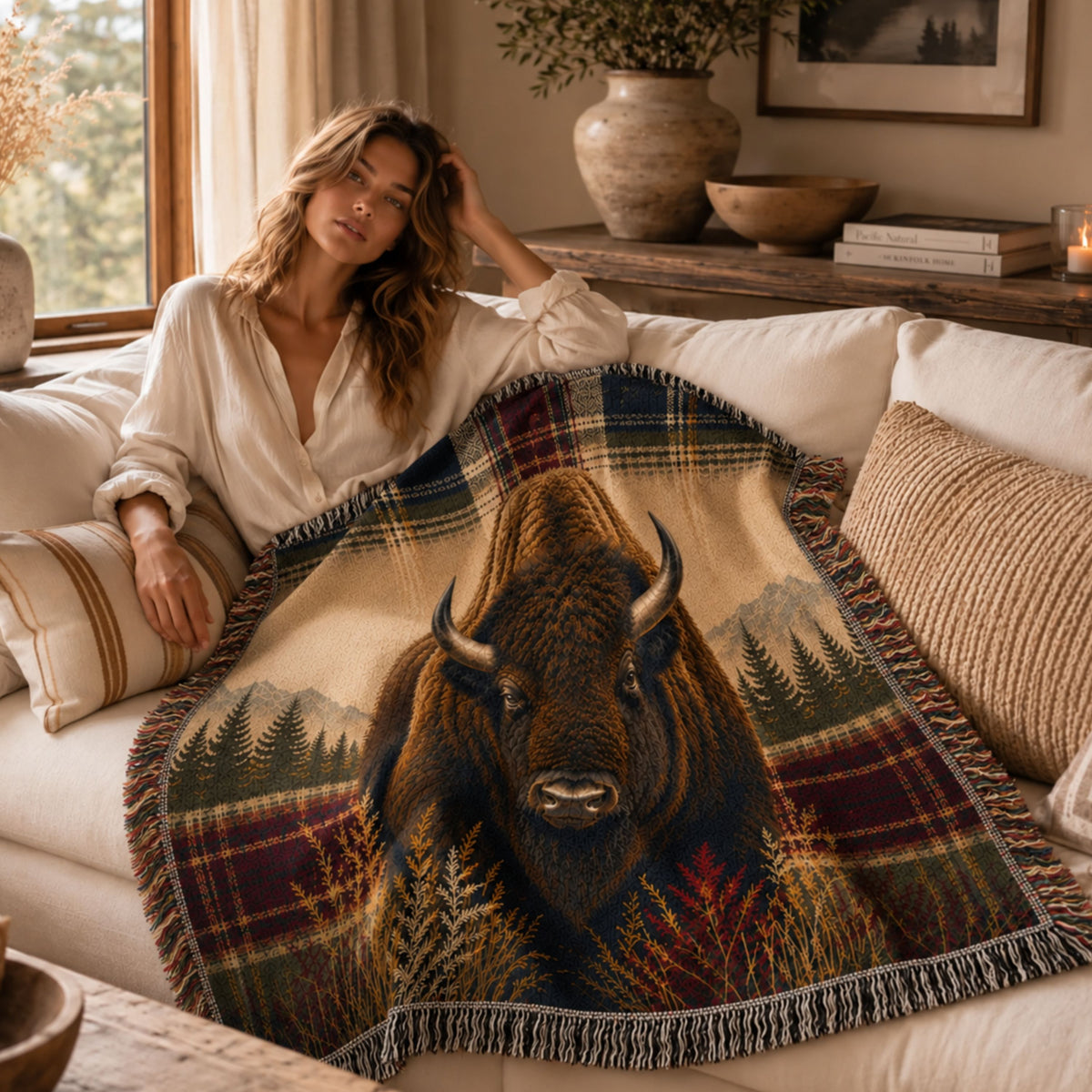 Heritage Buffalo bison portrait heirloom jacquard woven cotton throw blanket with multicolor fringe draped over a sofa