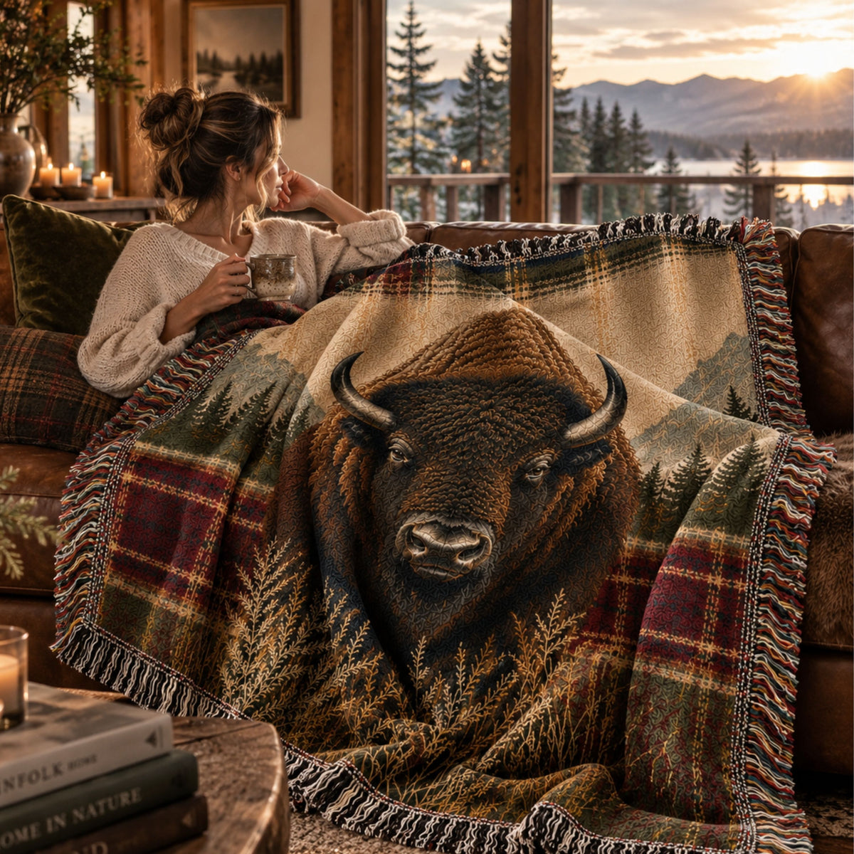 Woman drinking coffee wrapped in the Heritage Buffalo bison portrait woven cotton throw blanket on a sofa overlooking the mountains