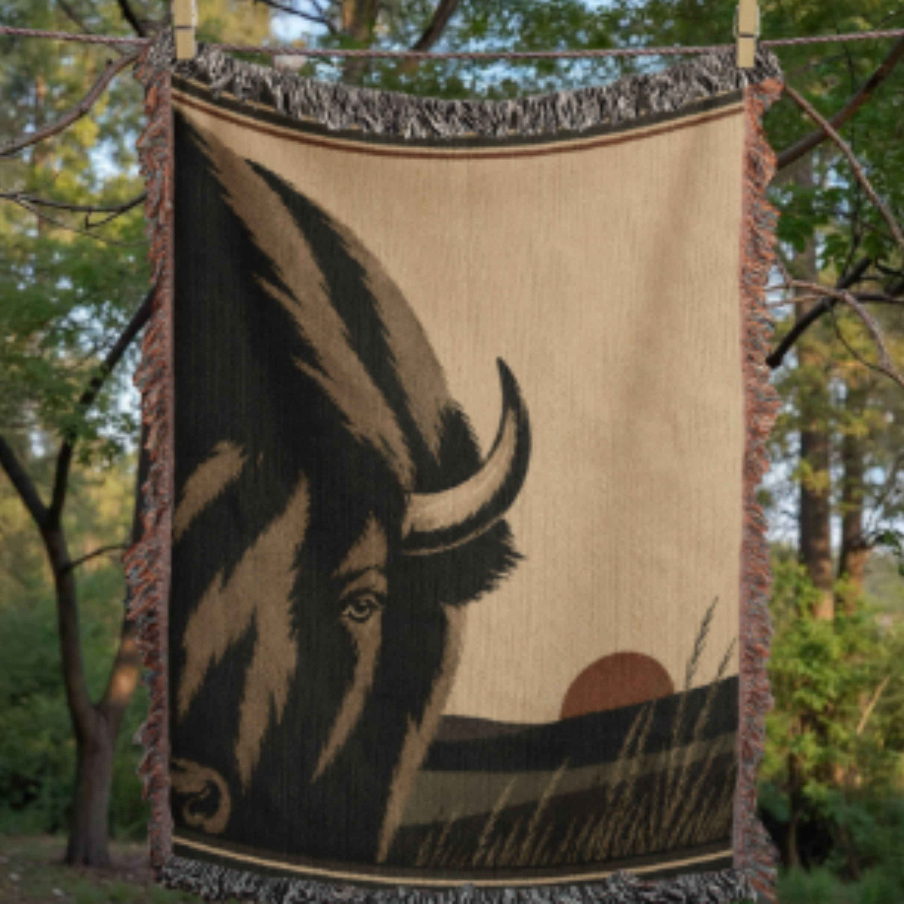 The Watchman woven throw hanging from a clothe line navy bison design with warm fireside lighting — Trini Skies