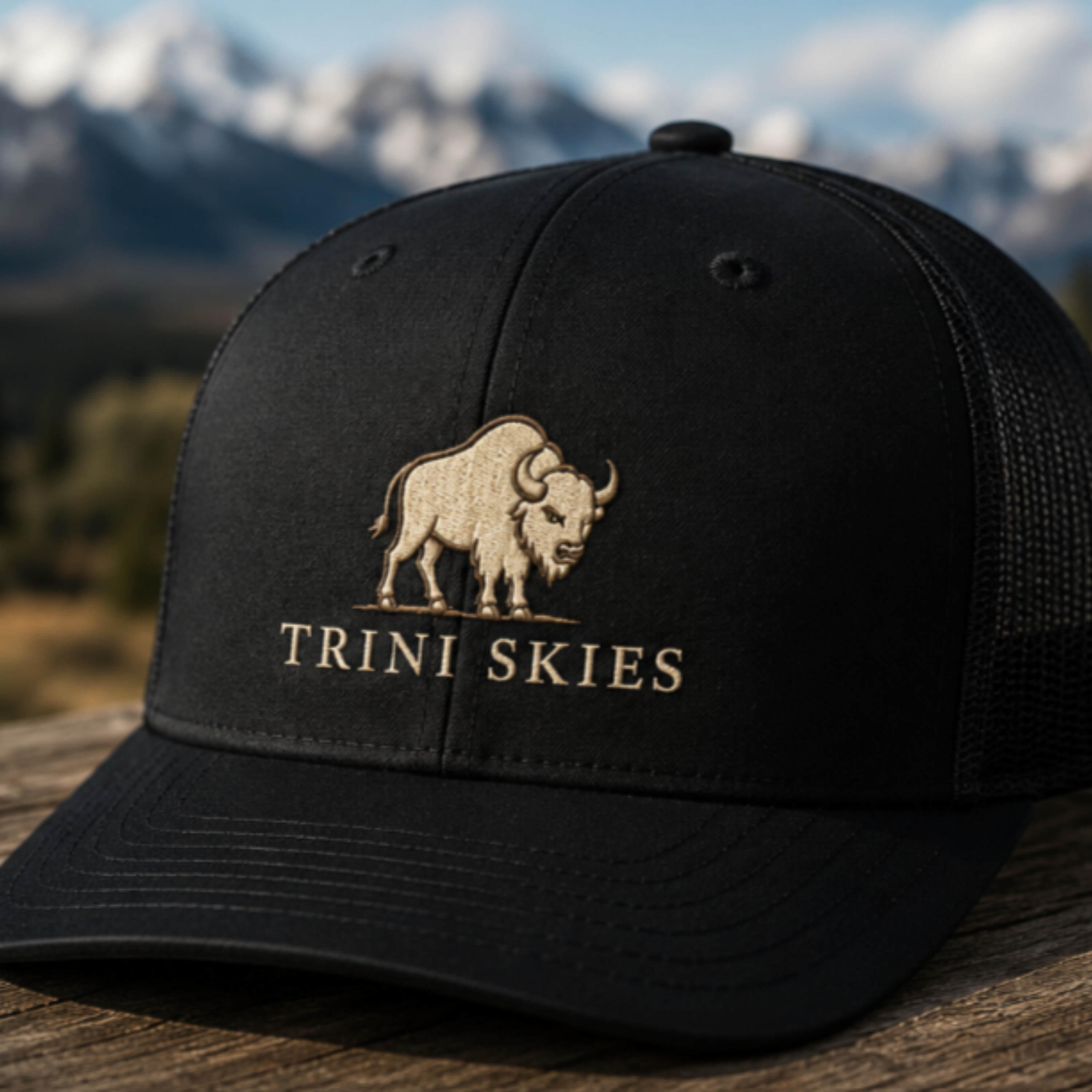 Heritage Bison Trucker Hat by Trini Skies — Richardson 112 black snapback, front view showing illustrated bison embroidery above Trini Skies wordmark in cream thread