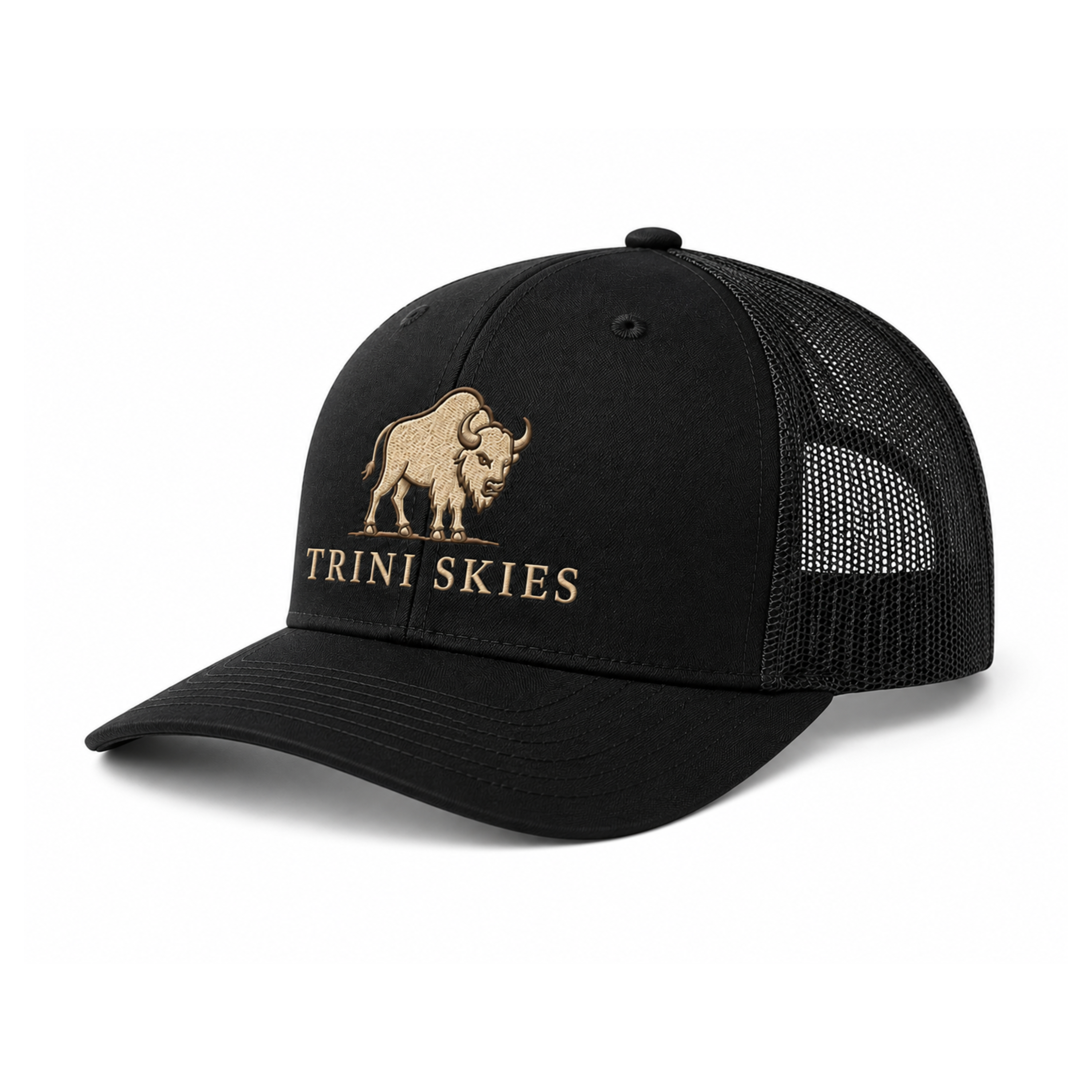 Heritage Bison Trucker Hat by Trini Skies — Richardson 112 black snapback, side view showing custom embroidered bison crest above Trini Skies wordmark, mesh back