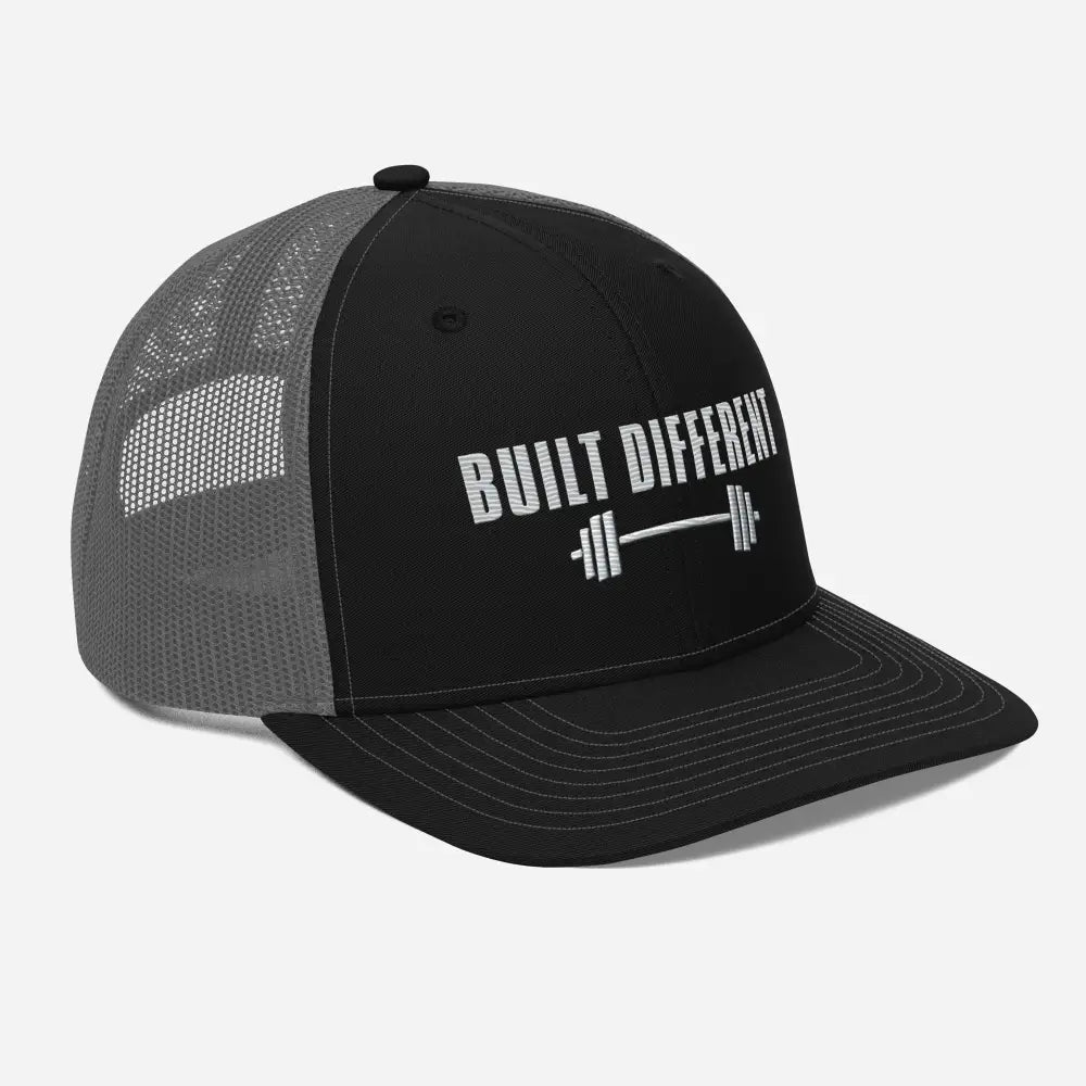 Black and gray Trini Skies embroidered trucker cap with white barbell