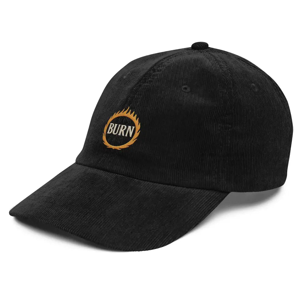 Vintage-washed black corduroy embroidered hat with flaming circle design