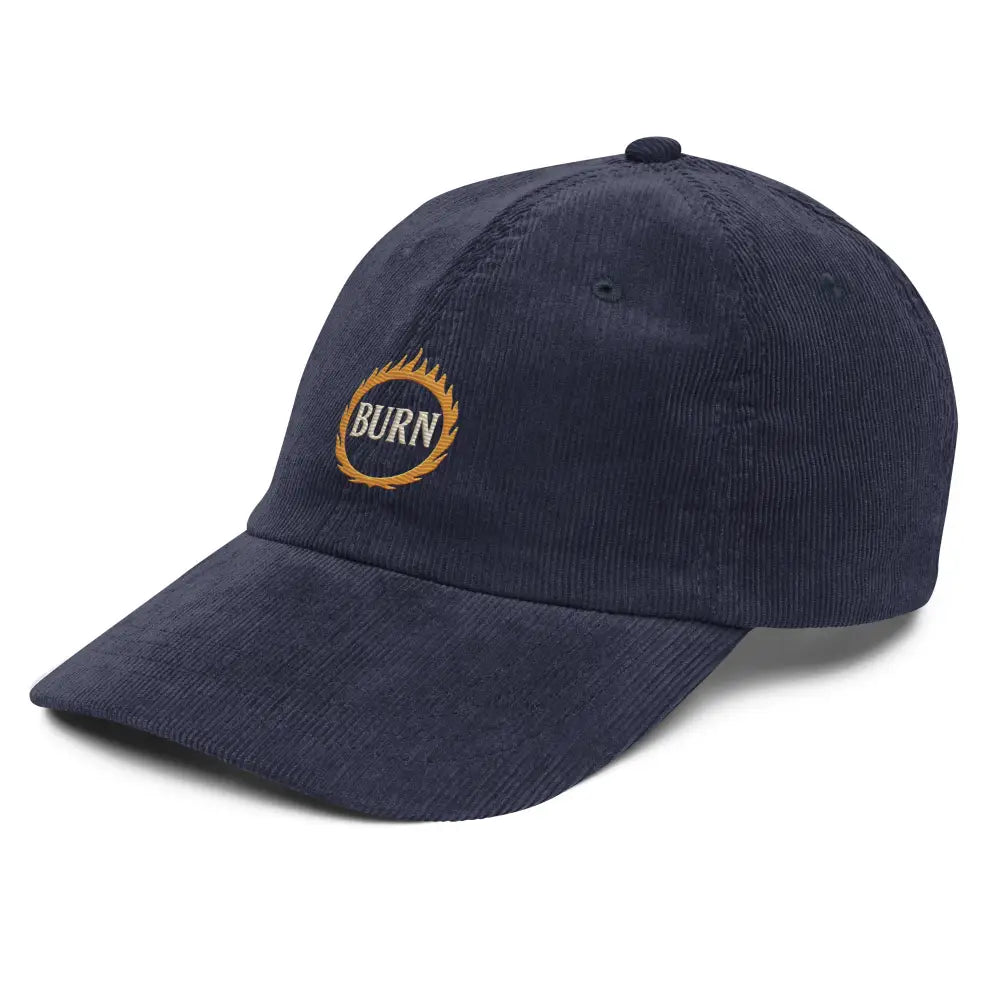 Vintage-washed black corduroy embroidered hat with BURN flames logo