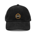 Vintage-washed black corduroy embroidered hat with orange flame and BURN design