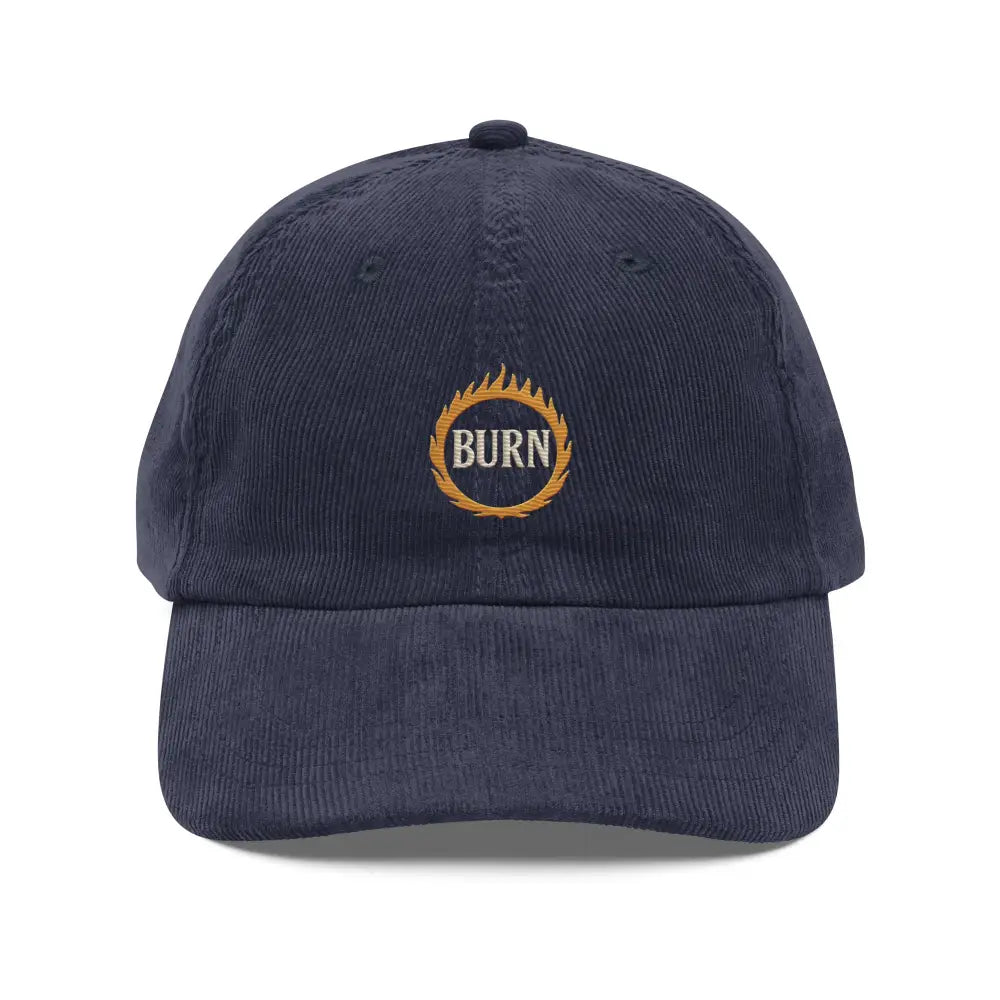 Vintage-washed black corduroy embroidered hat with BURN flames logo