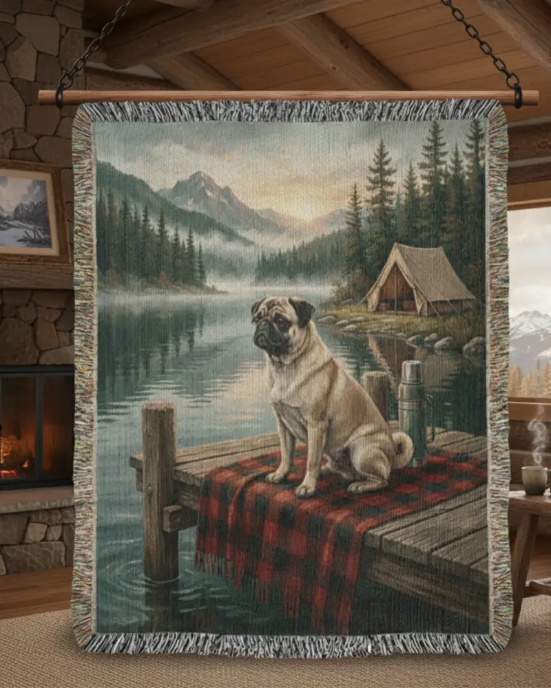 Cabin lake pug on woven cotton blanket with trini skies tapestry