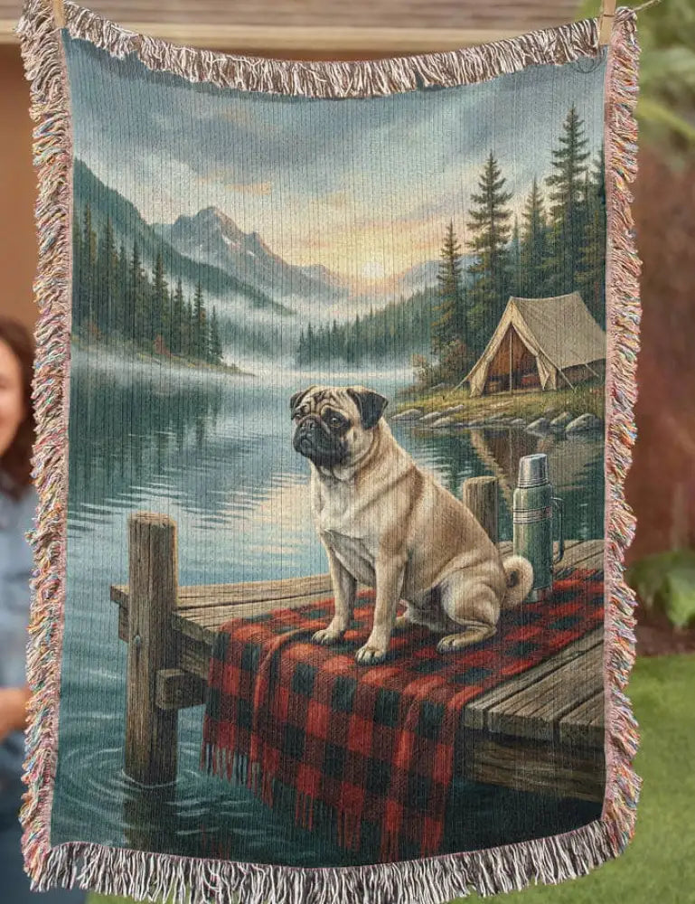 Cabin lake pug on woven cotton blanket tapestry throw