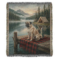 Cabin Lake Pug woven cotton blanket, pug and buffalo plaid lakeside design — Trini Skies