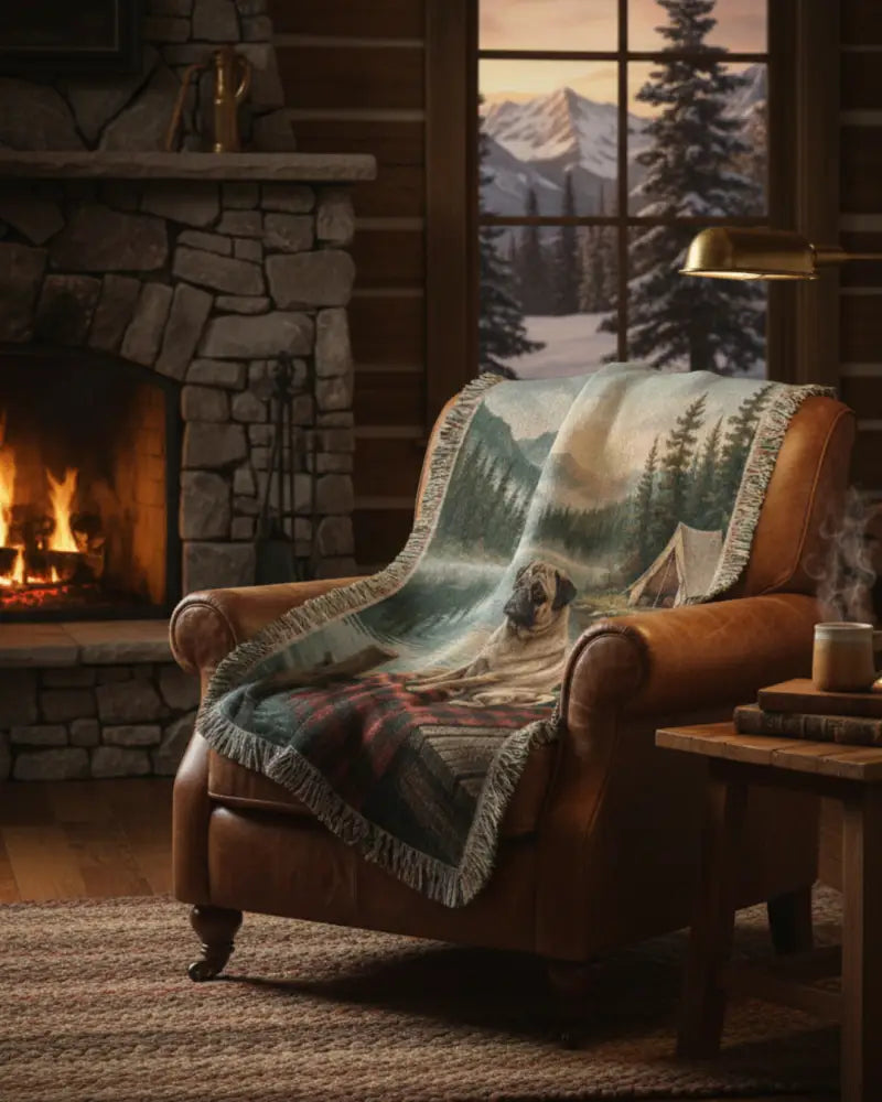Cabin Lake Pug woven cotton blanket with dog by mountain lake campsite