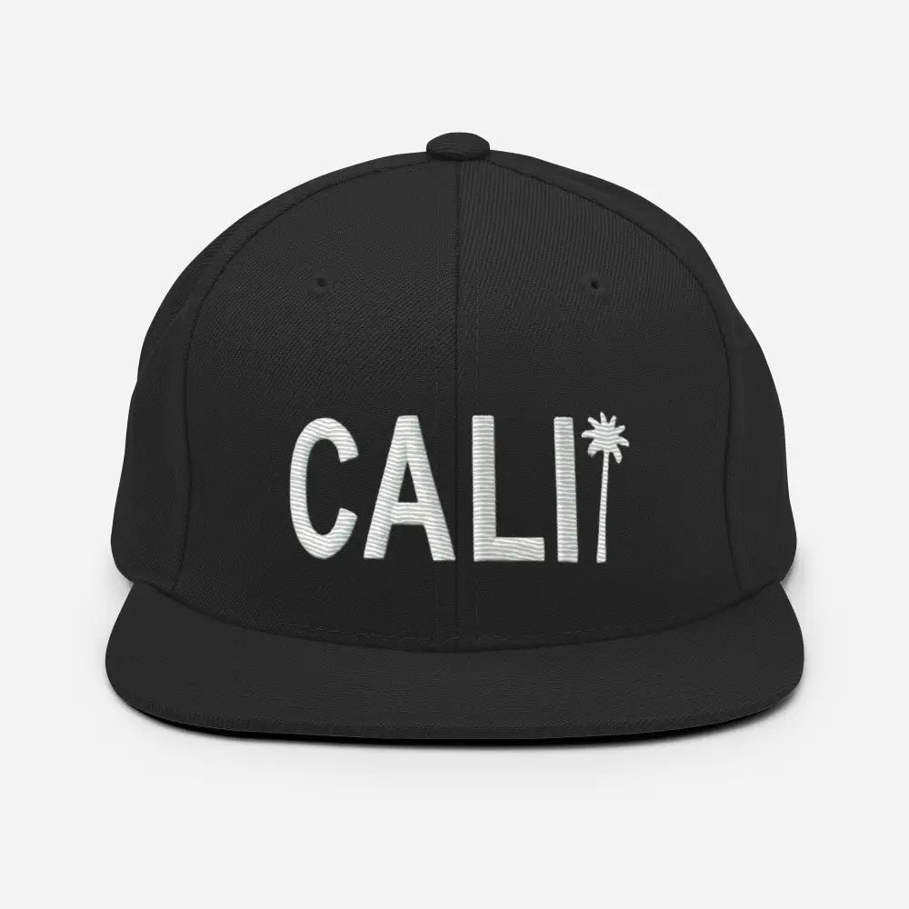 Black Cali Palm Tree Embroidered Flat Brim Baseball Cap by Trini Skies
