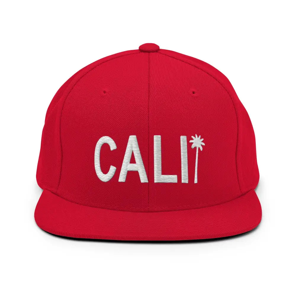 Red Cali Palm Tree Embroidered Flat Brim Baseball Cap by Trini Skies