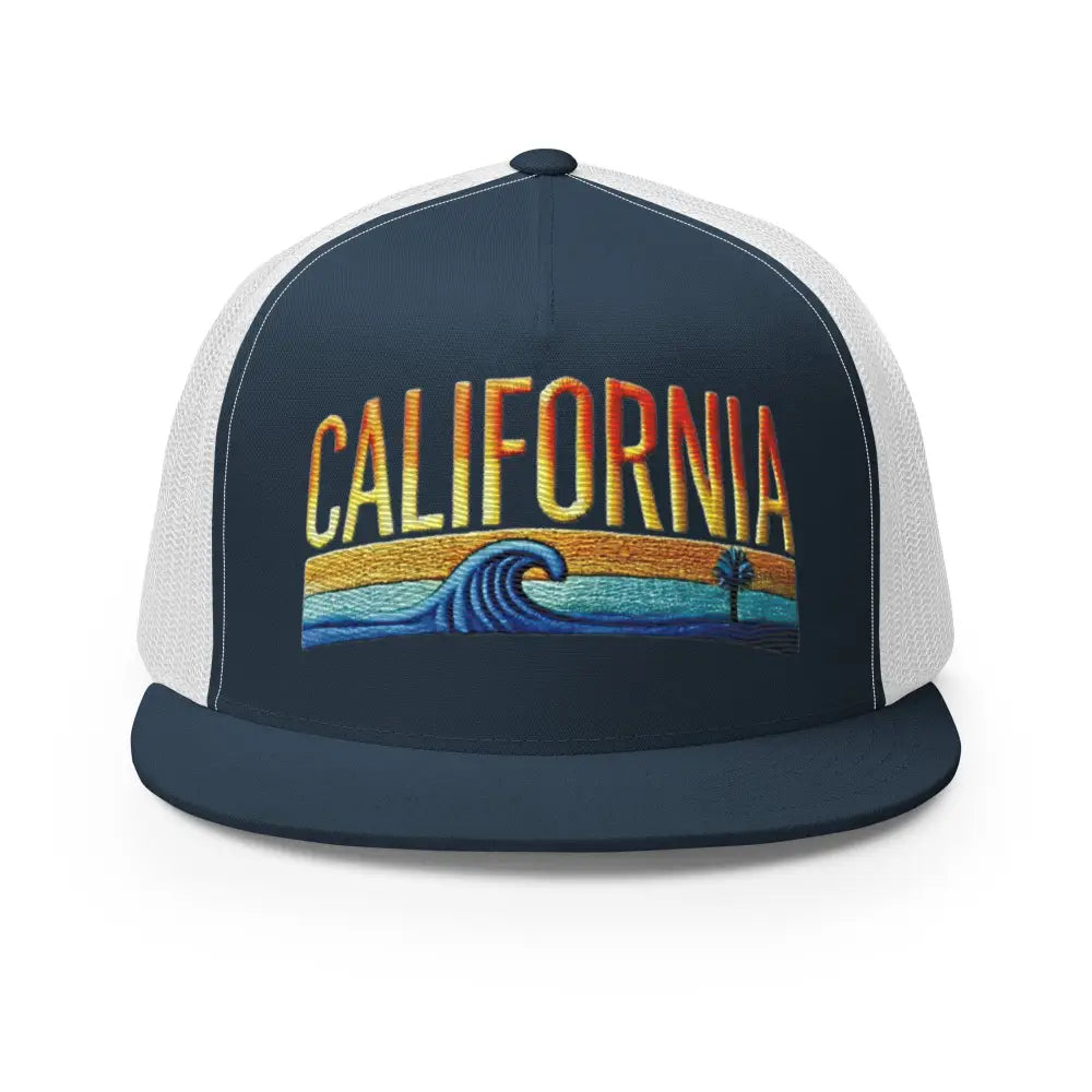 Dark blue white mesh California Classic high profile trucker cap – embroidered wave hat