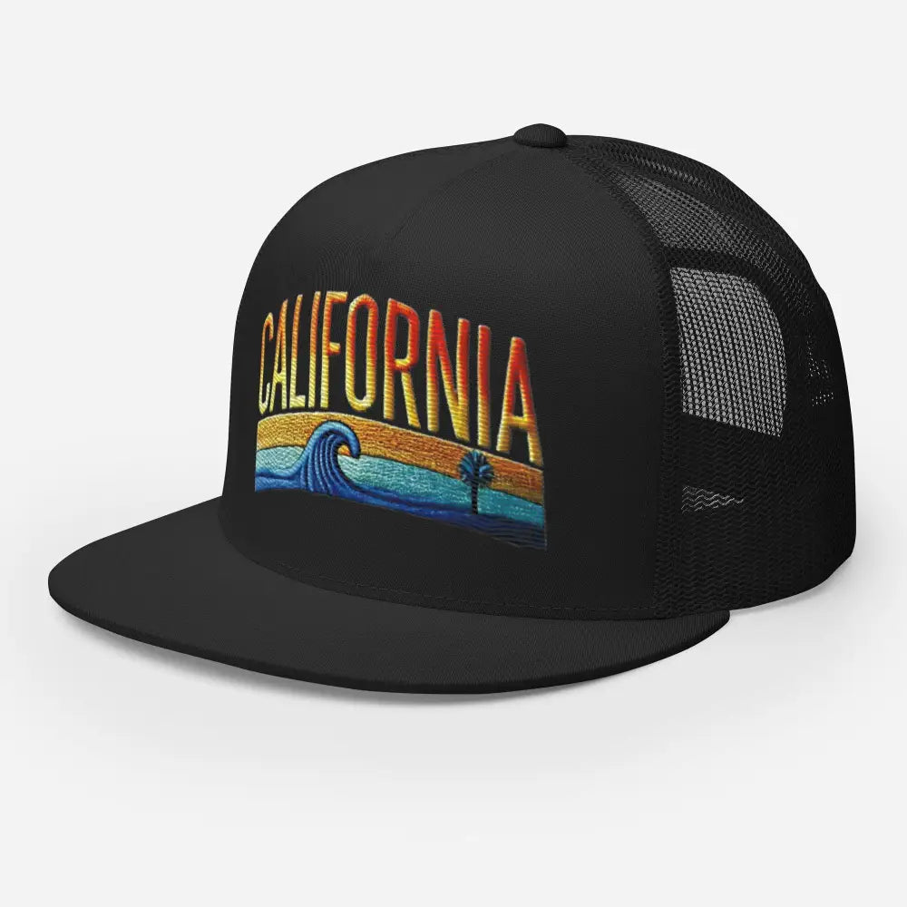 California Classic High Trucker Cap with Embroidered Wave Design