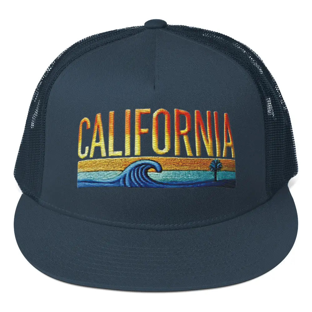 Dark blue mesh California classic high trucker cap with embroidered design