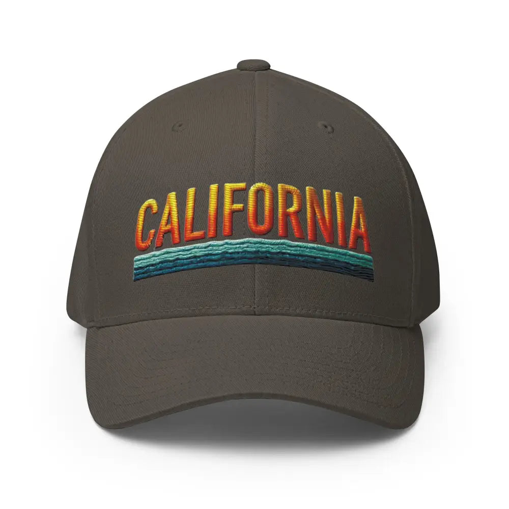 California embroidered structured twill cap with orange yellow text above waves