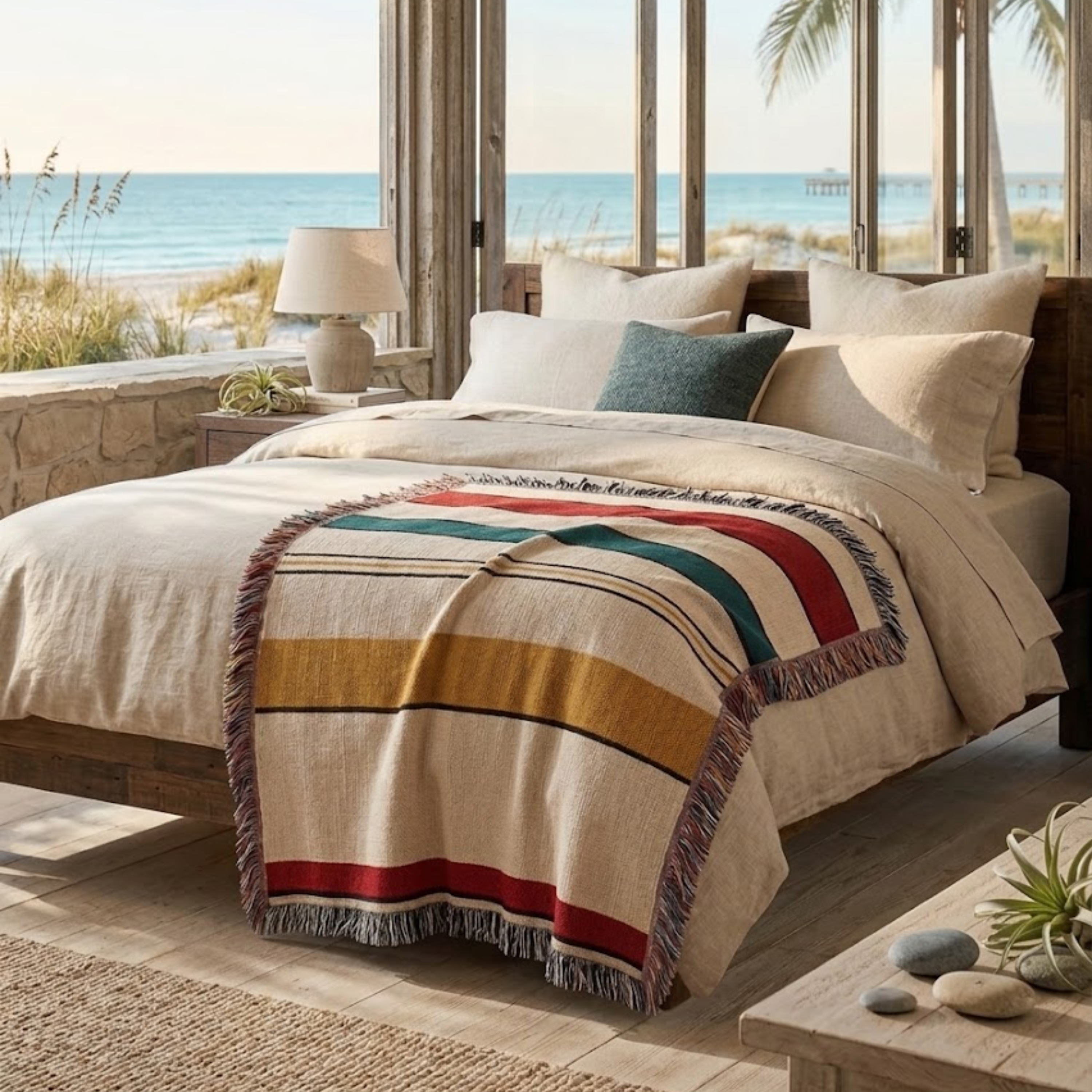 Camp stripe woven cotton throw blanket layered at the foot of a bed in a coastal bedroom — Trini Skies
