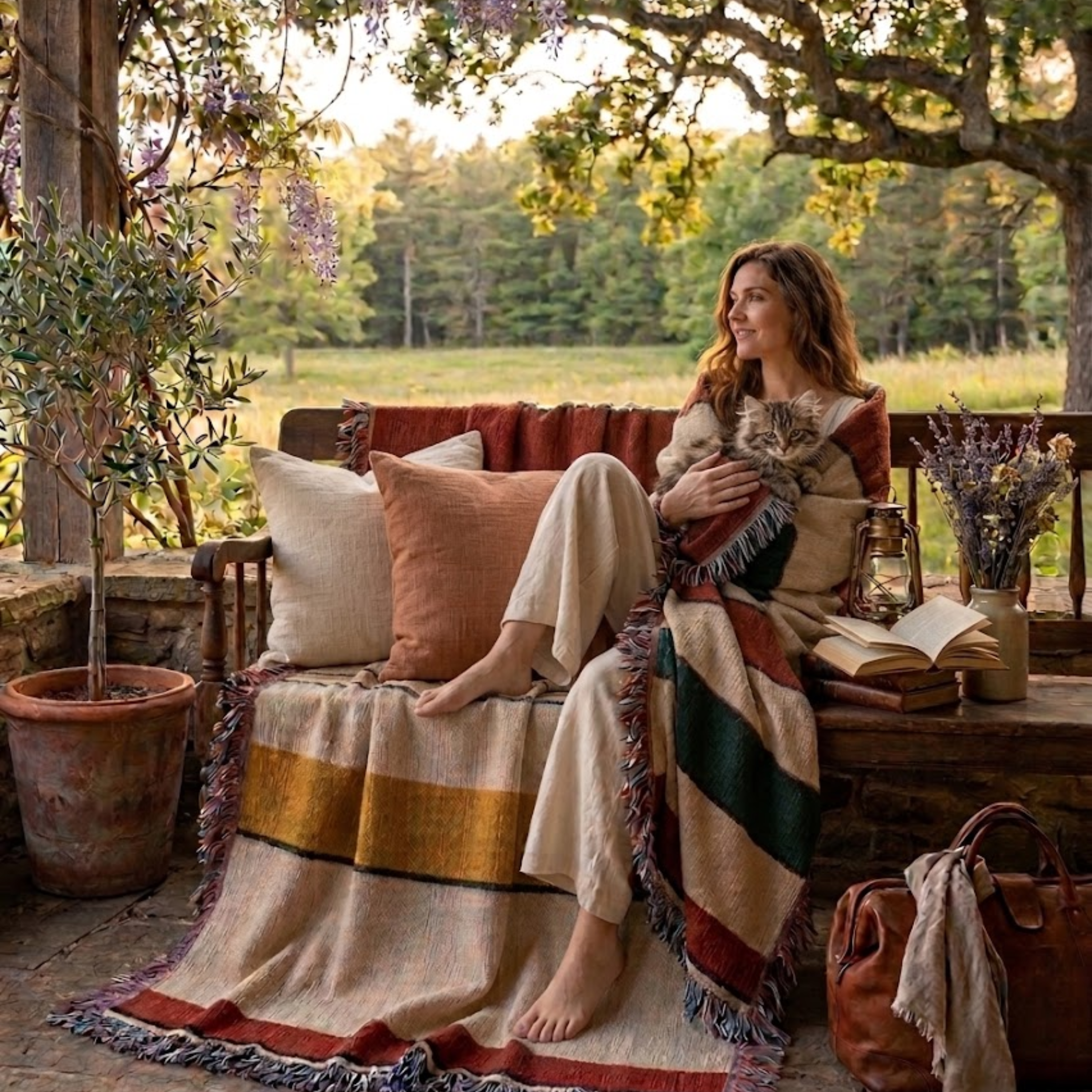 Camp stripe woven cotton throw blanket draped over an outdoor bench in rust, teal, and gold stripes on oatmeal ground — Trini Skies