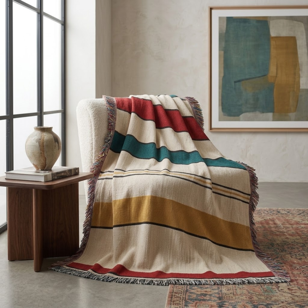 Oatmeal camp stripe cotton throw blanket folded over a reading chair showing the woven stripe pattern — Trini Skies