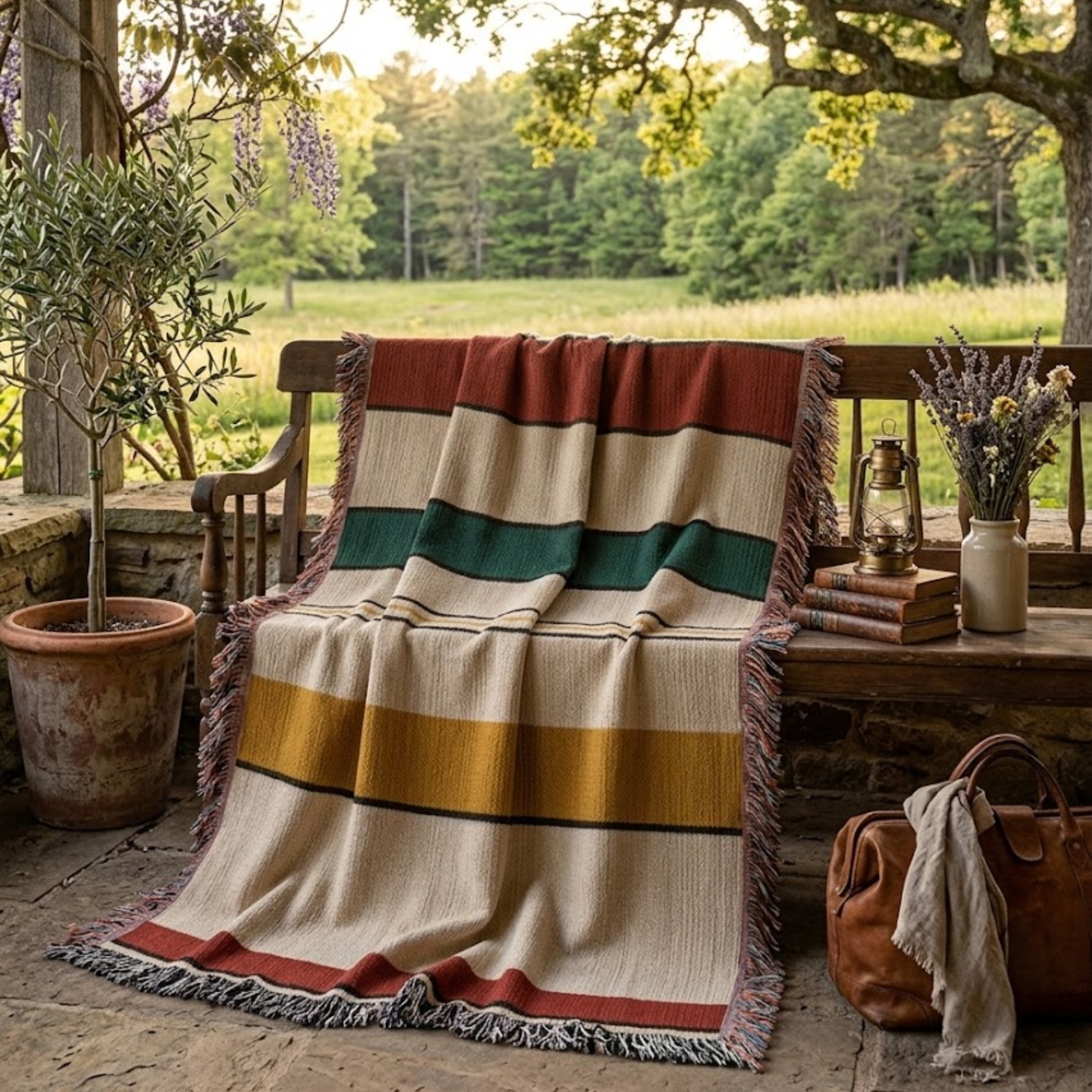 Camp stripe cotton throw blanket draped over a chair on an outdoor courtyard patio — Trini Skies