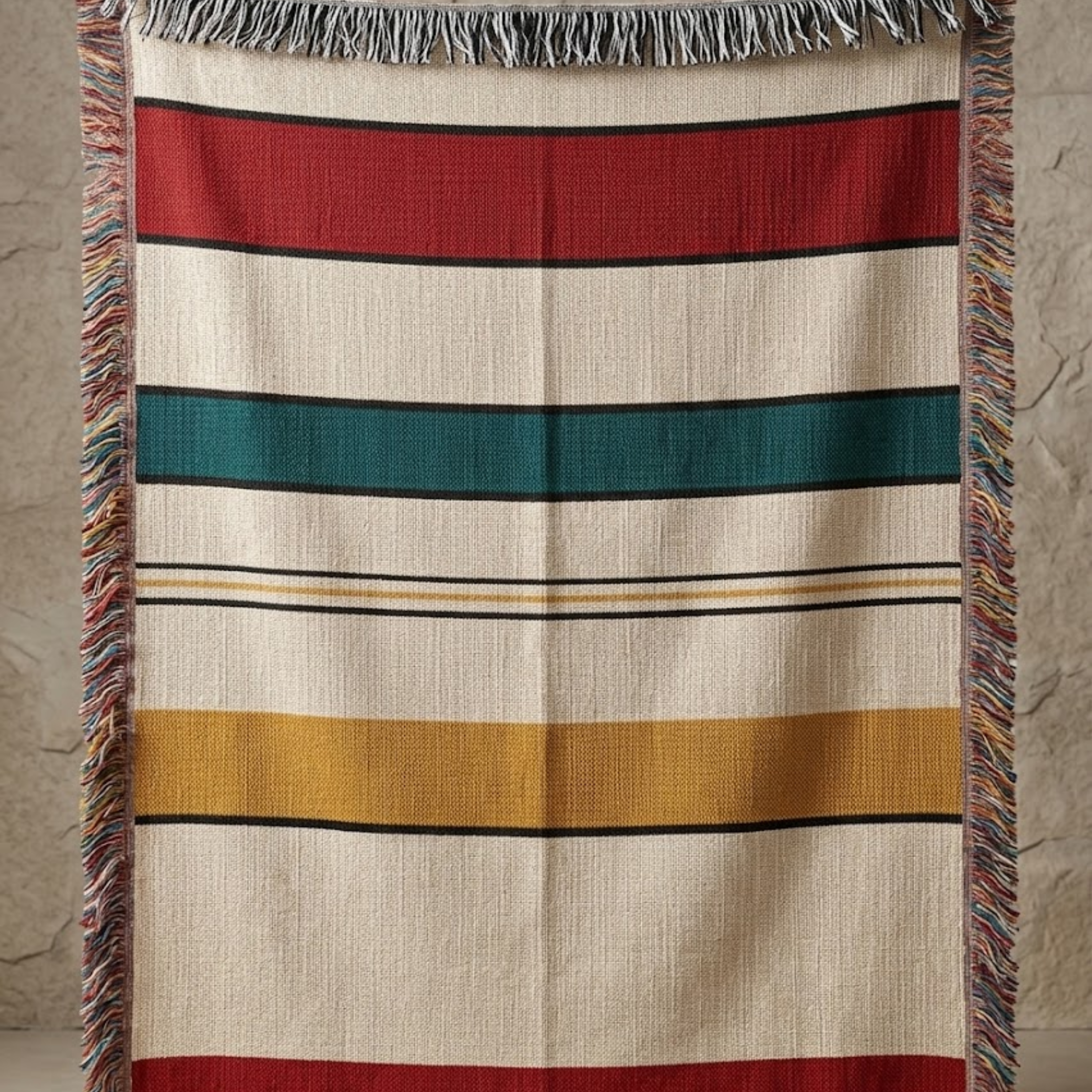 Camp stripe cotton throw blanket hung flat showing rust, teal, and gold woven stripes with multicolor fringe — Trini Skies