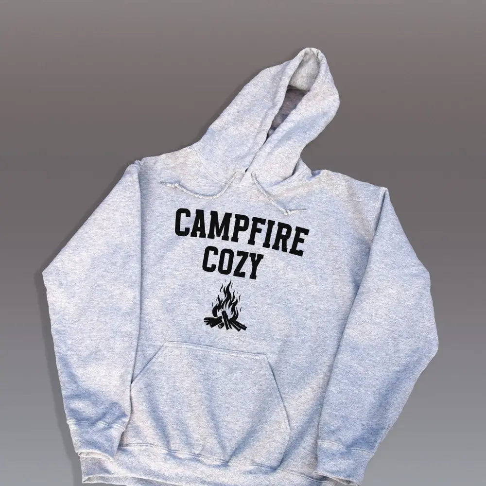 Light grey Campfire Life Cozy graphic long sleeve hoodie with Trini Skies pouch pocket