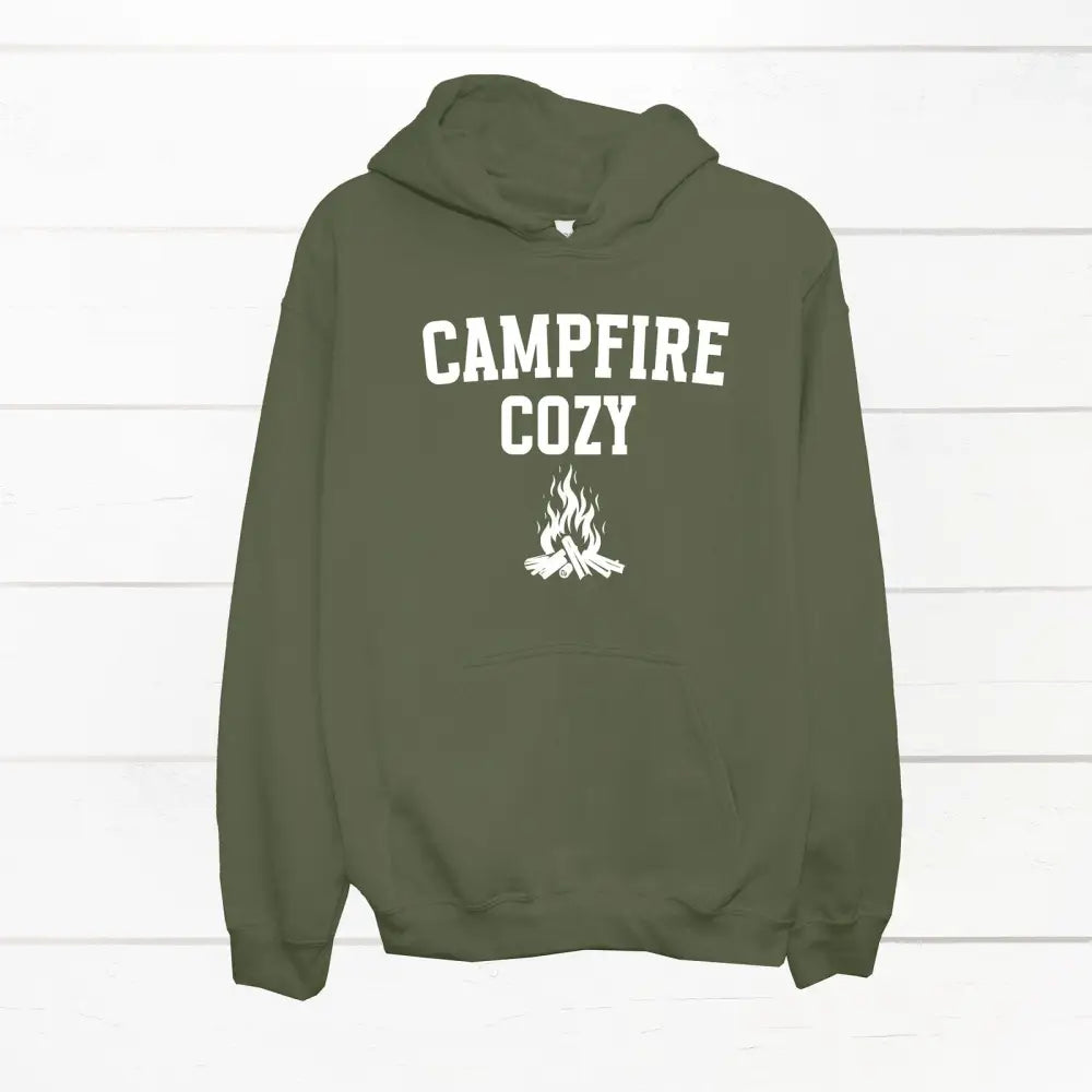 Dark olive green Trini Skies Campfire Life Cozy graphic long sleeve hoodie