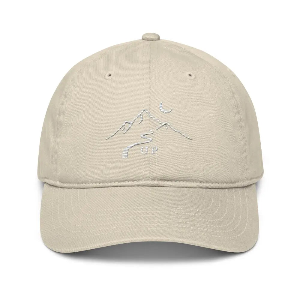 Wilderness minimalist embroidered beige hat with mountain moon design