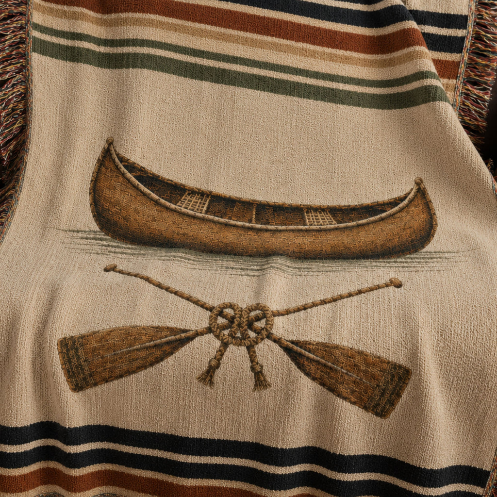 The Portage canoe and crossed paddles woven throw on a wooden chair — Trini Skies