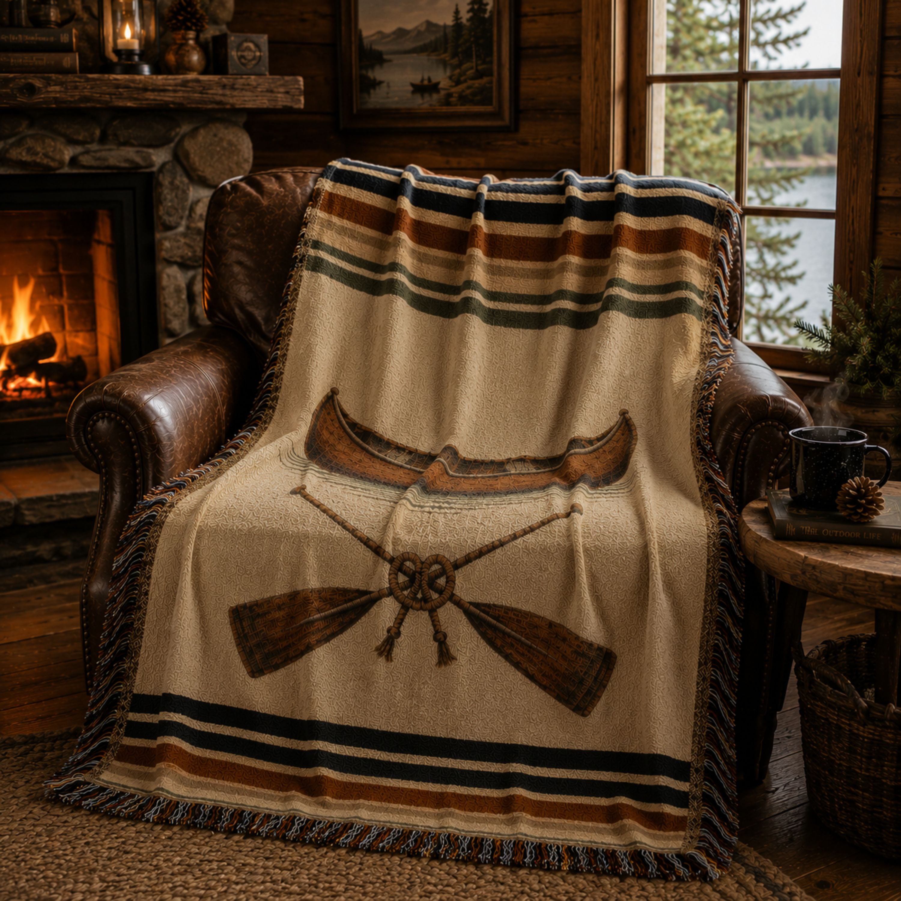 The Portage canoe woven throw draped over a chair by a window — Trini Skies