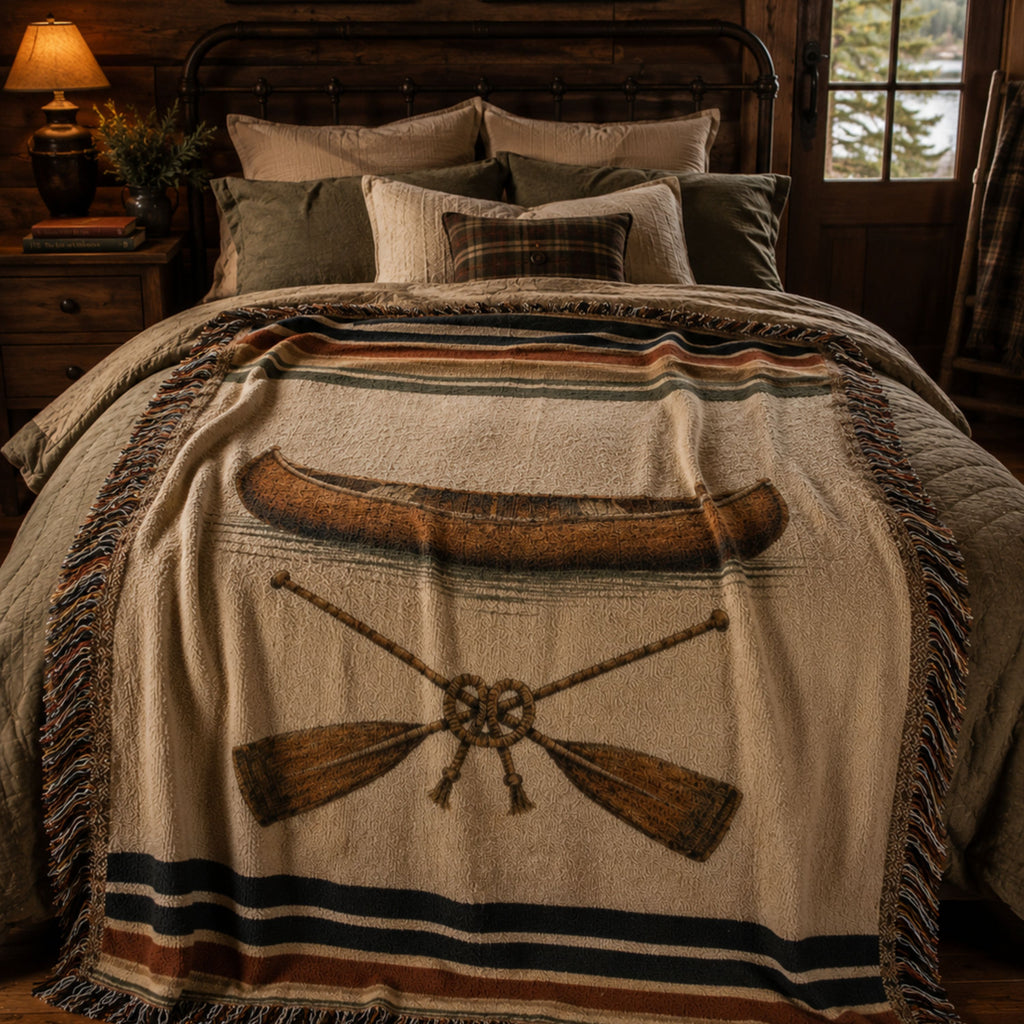 The Portage canoe woven throw layered on a bed in a lake house bedroom — Trini Skies