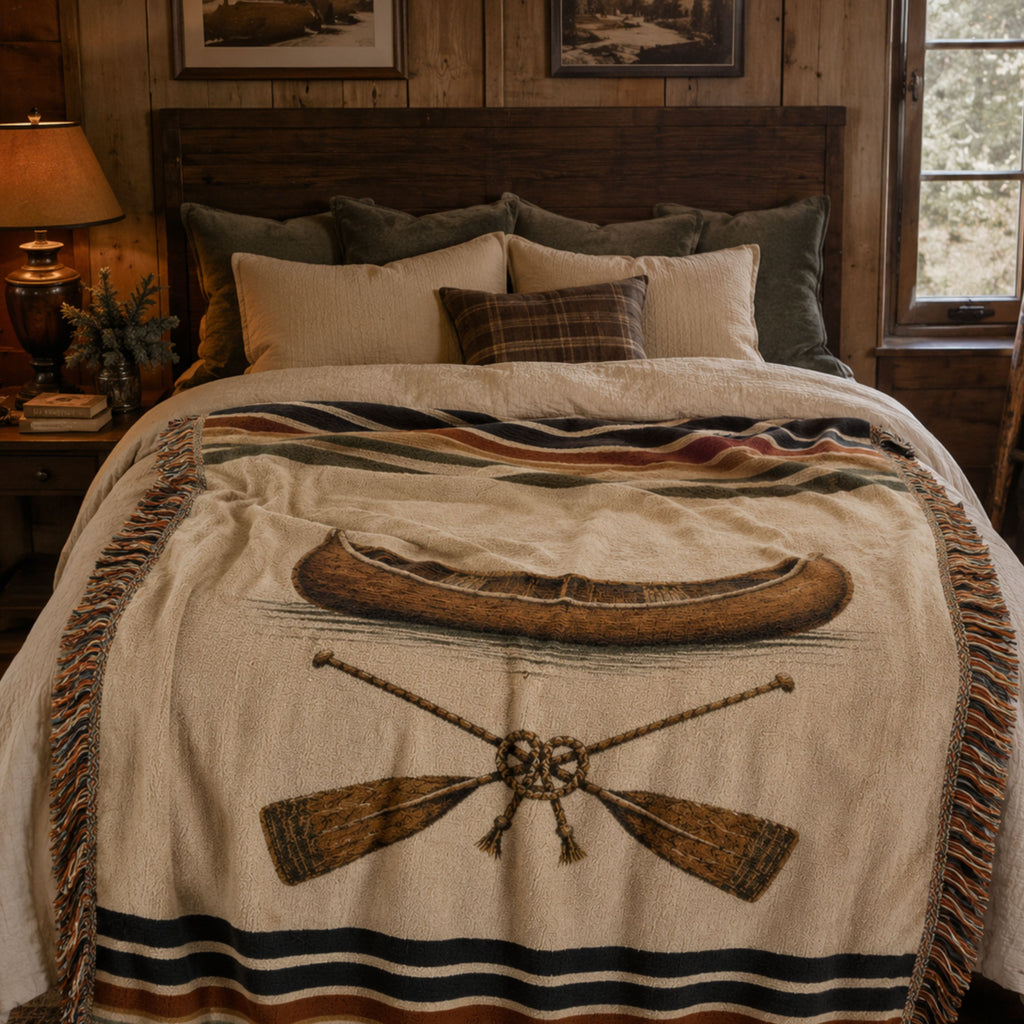 The Portage canoe woven throw styled in a rustic cabin bedroom — Trini Skies