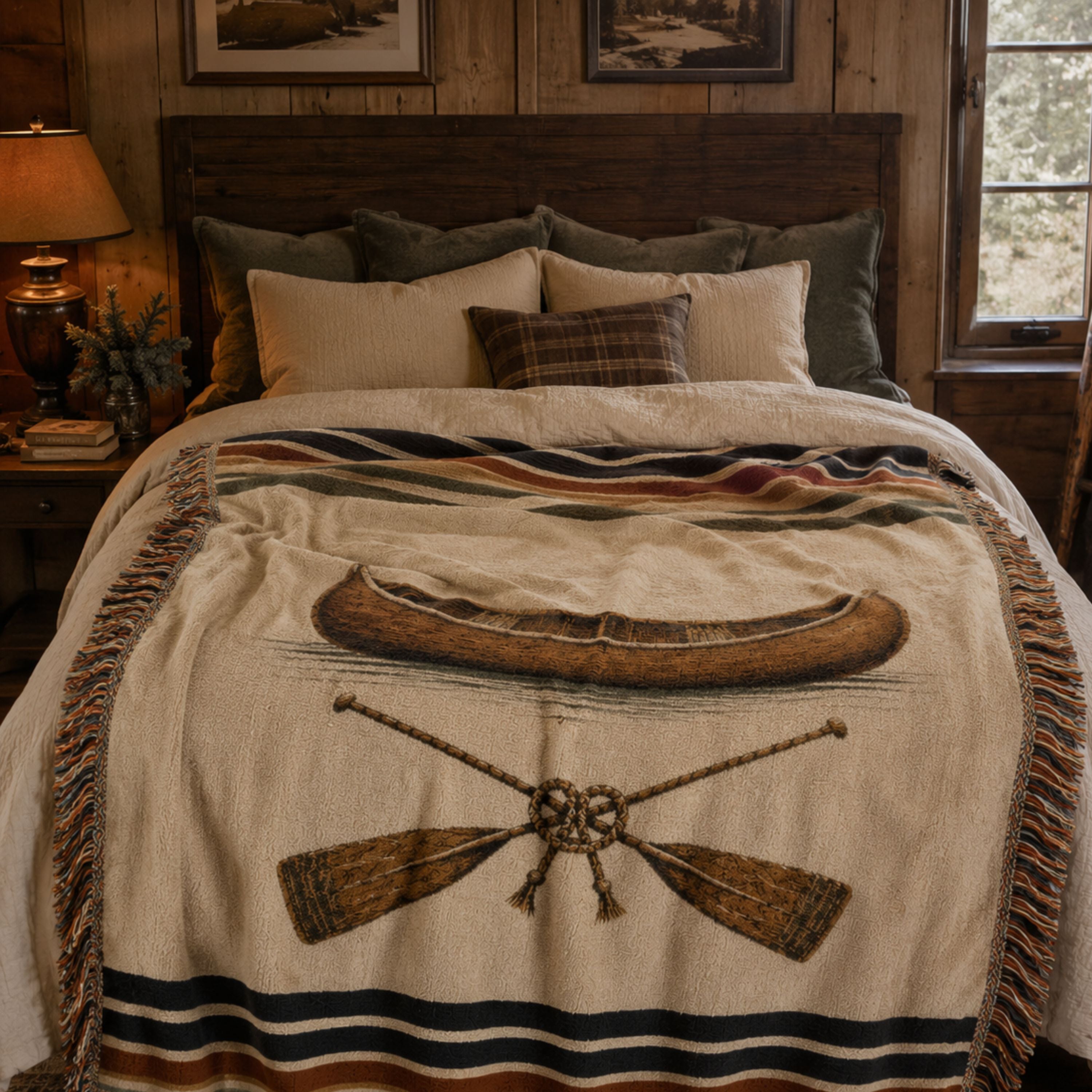 The Portage canoe woven throw styled in a rustic cabin bedroom — Trini Skies