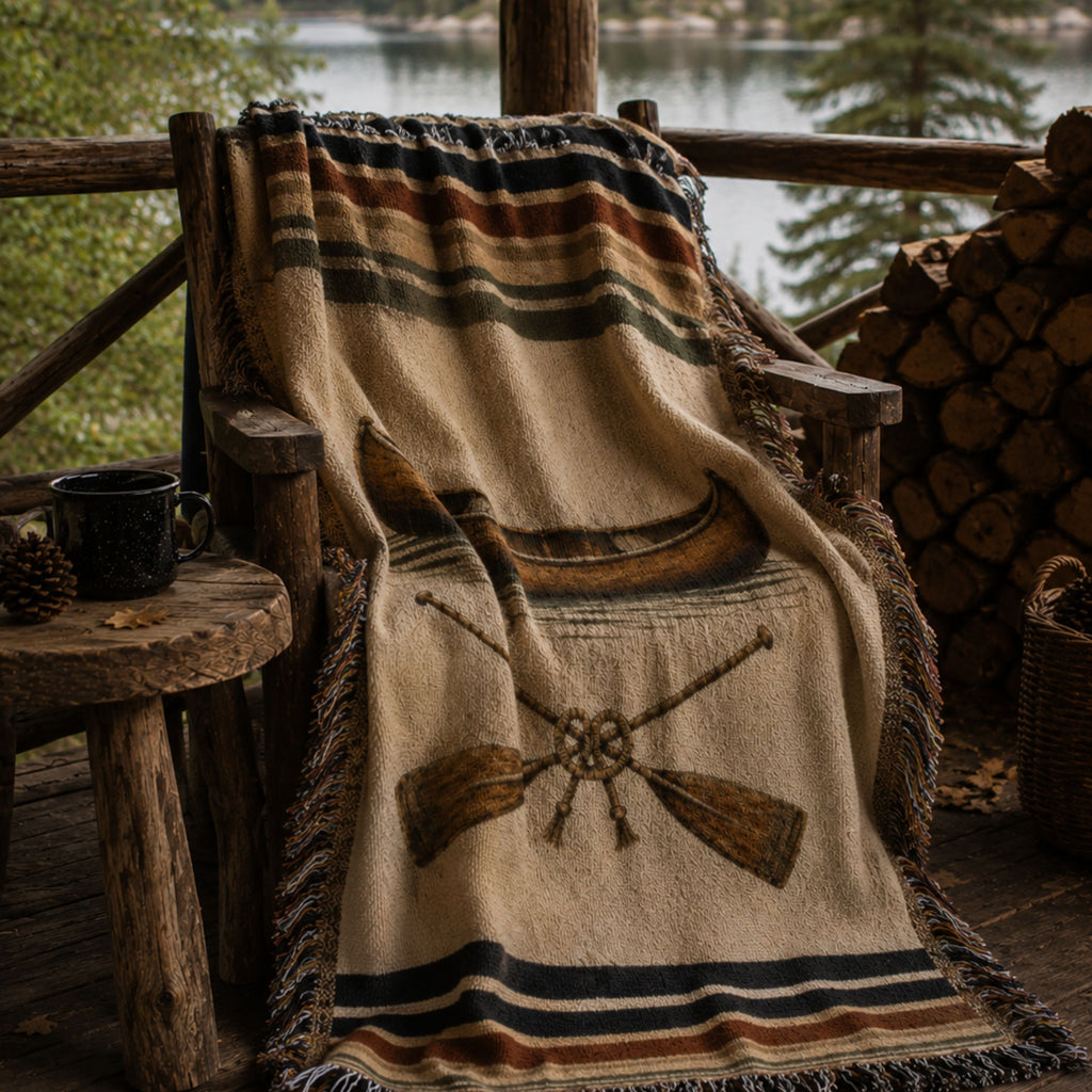 The Portage canoe woven throw draped over a leather chair in a lodge — Trini Skies