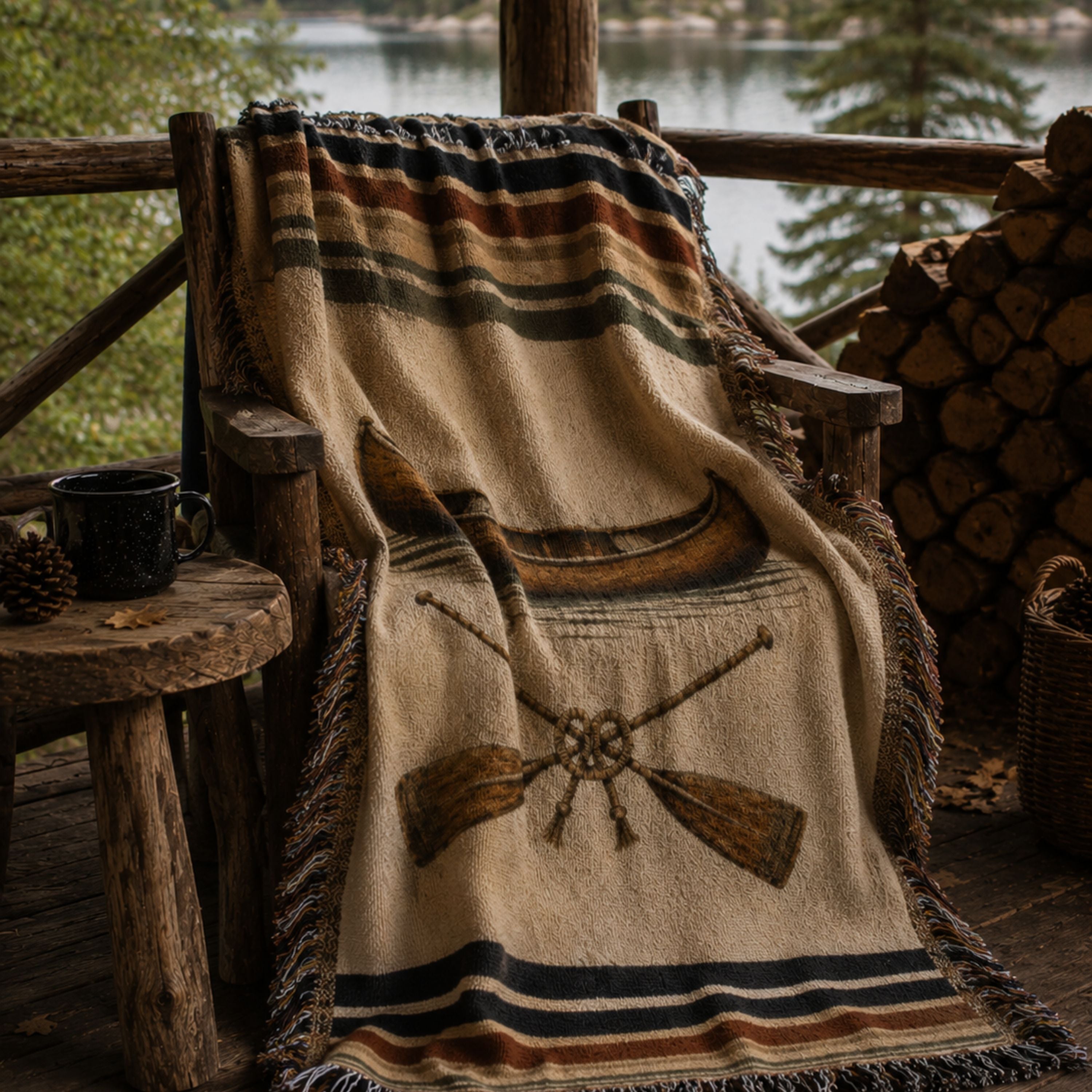 The Portage canoe woven throw draped over a leather chair in a lodge — Trini Skies