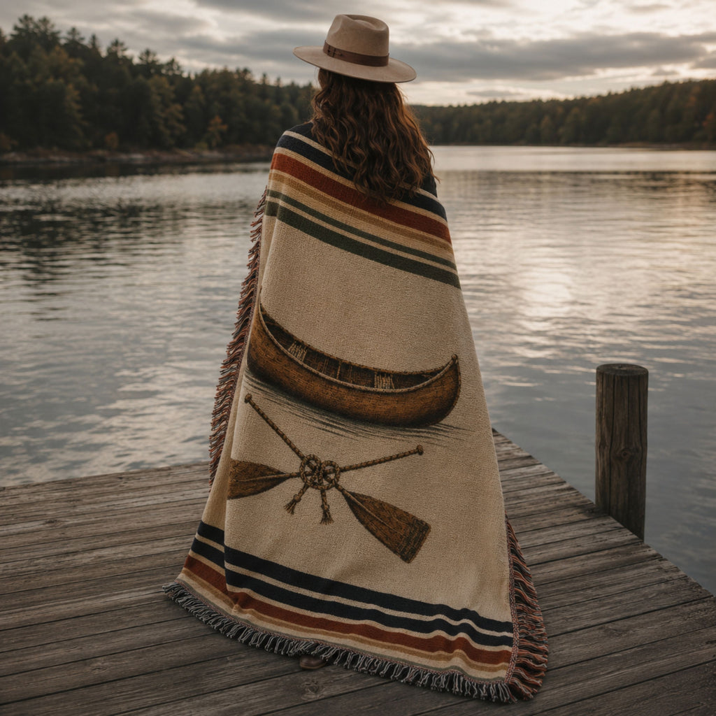 The Portage canoe woven throw wrapped around a woman on a lake dock at dusk — Trini Skies
