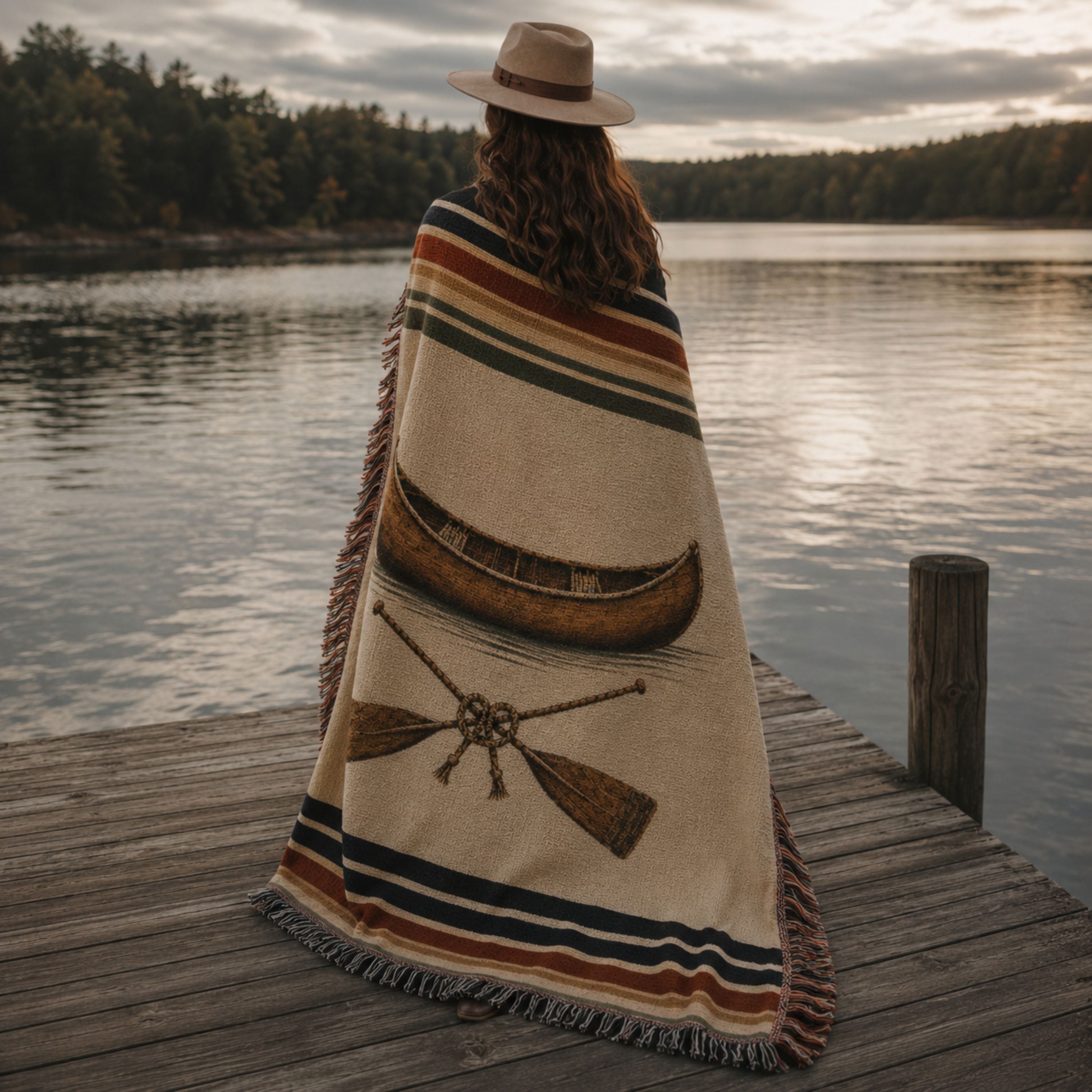 The Portage canoe woven throw wrapped around a woman on a lake dock at dusk — Trini Skies