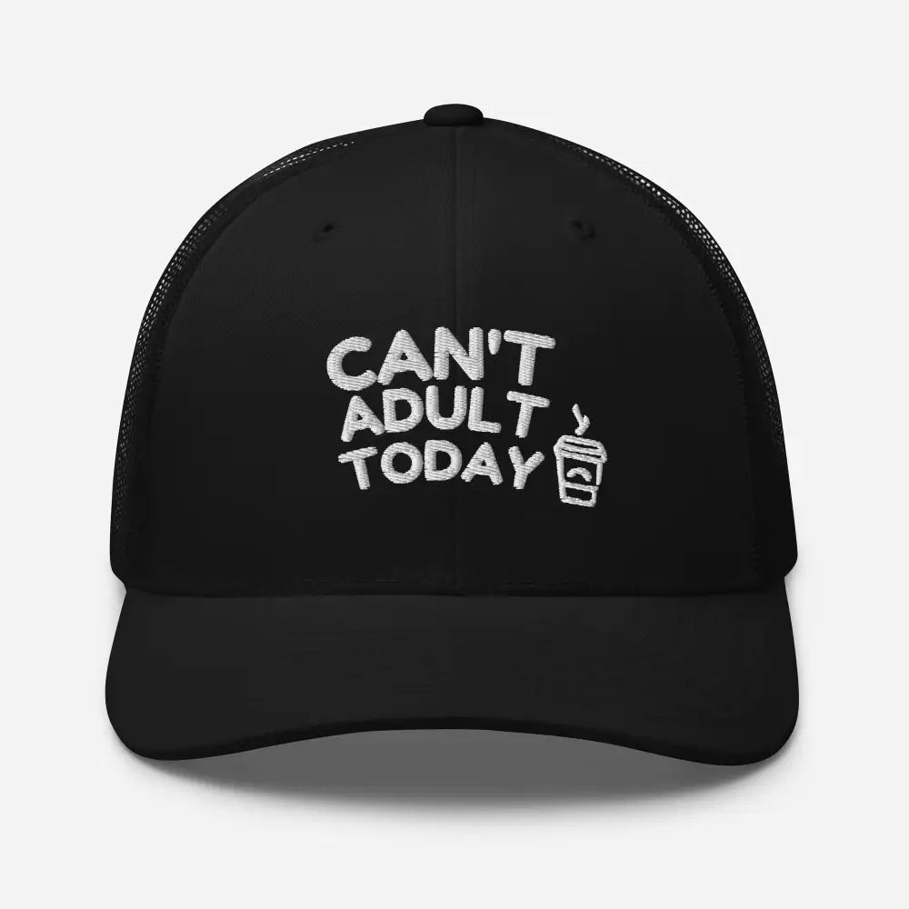 Black Trini Skies today embroidered trucker hat with coffee cup