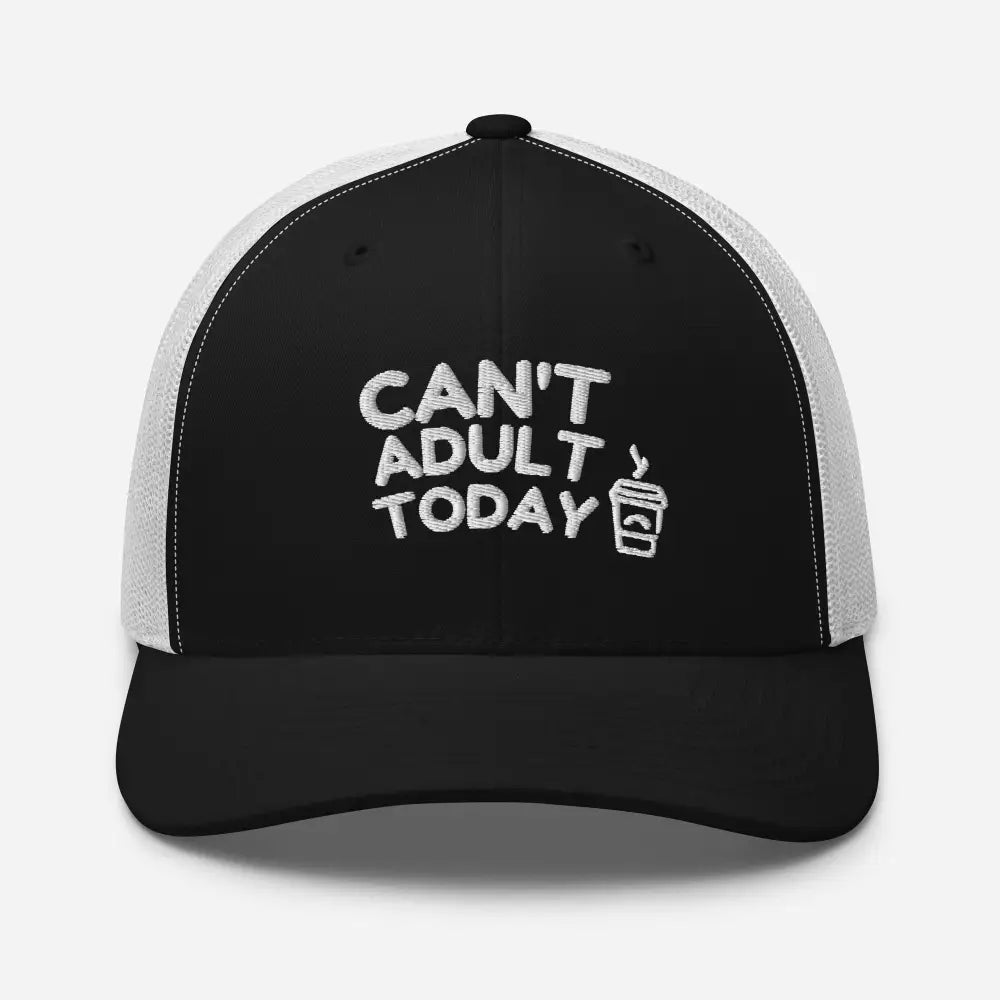 Black and white today embroidered trucker hat with coffee cup