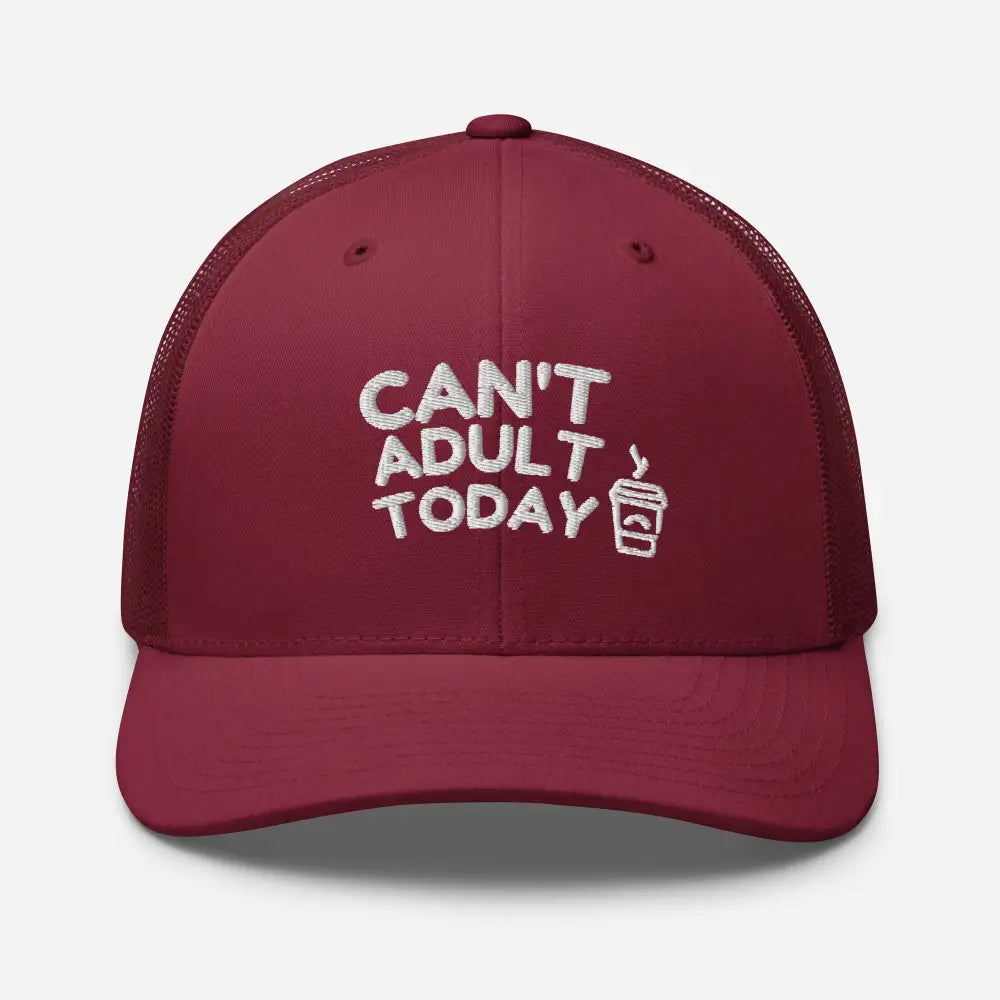 Maroon Trini Skies today embroidered trucker hat with coffee cup
