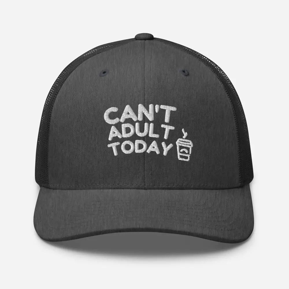 Dark gray Trini Skies today embroidered trucker hat with coffee cup