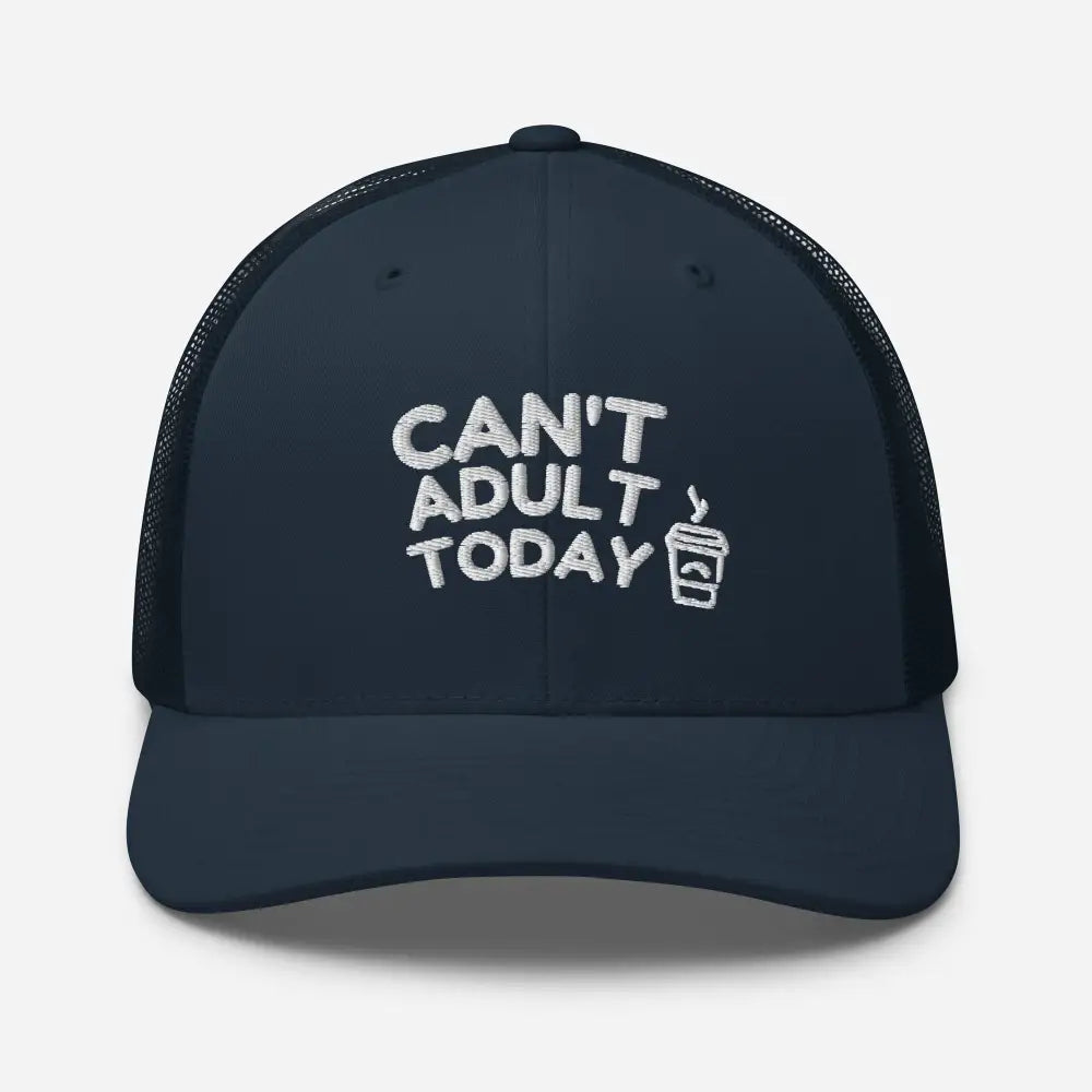 Navy blue today embroidered trucker hat with coffee cup graphic