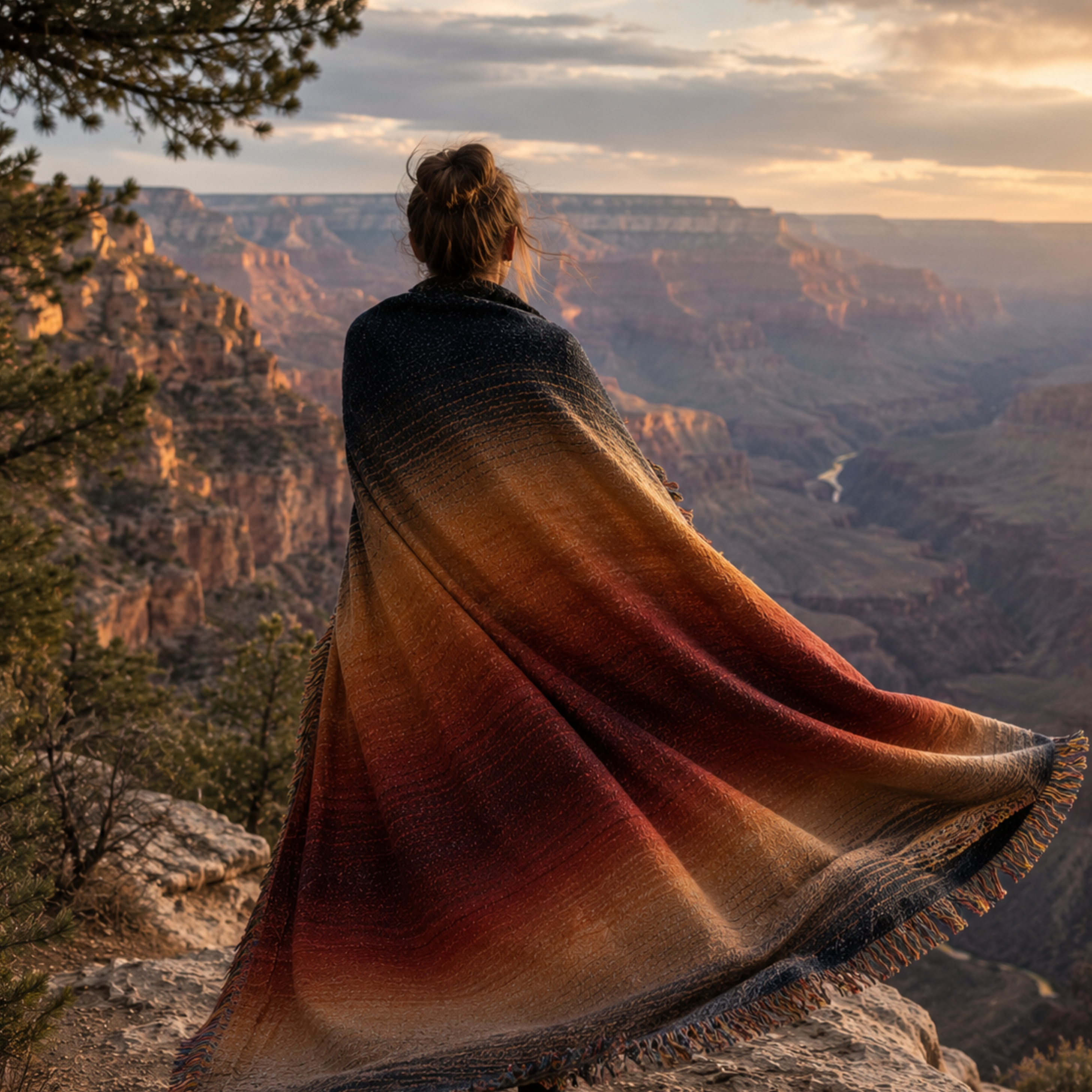 Close-up of Canyon Dusk woven throw showing multicolor fringe detail and jacquard weave texture on a woman overlooking grand canyon — 100% cotton

