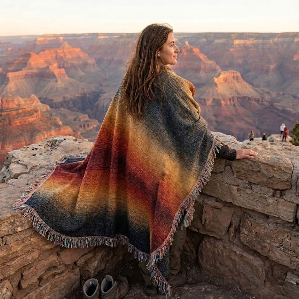 Woman wrapped in Canyon Dusk woven throw at the Grand Canyon rim at golden hour — charcoal to amber gradient cotton blanket


