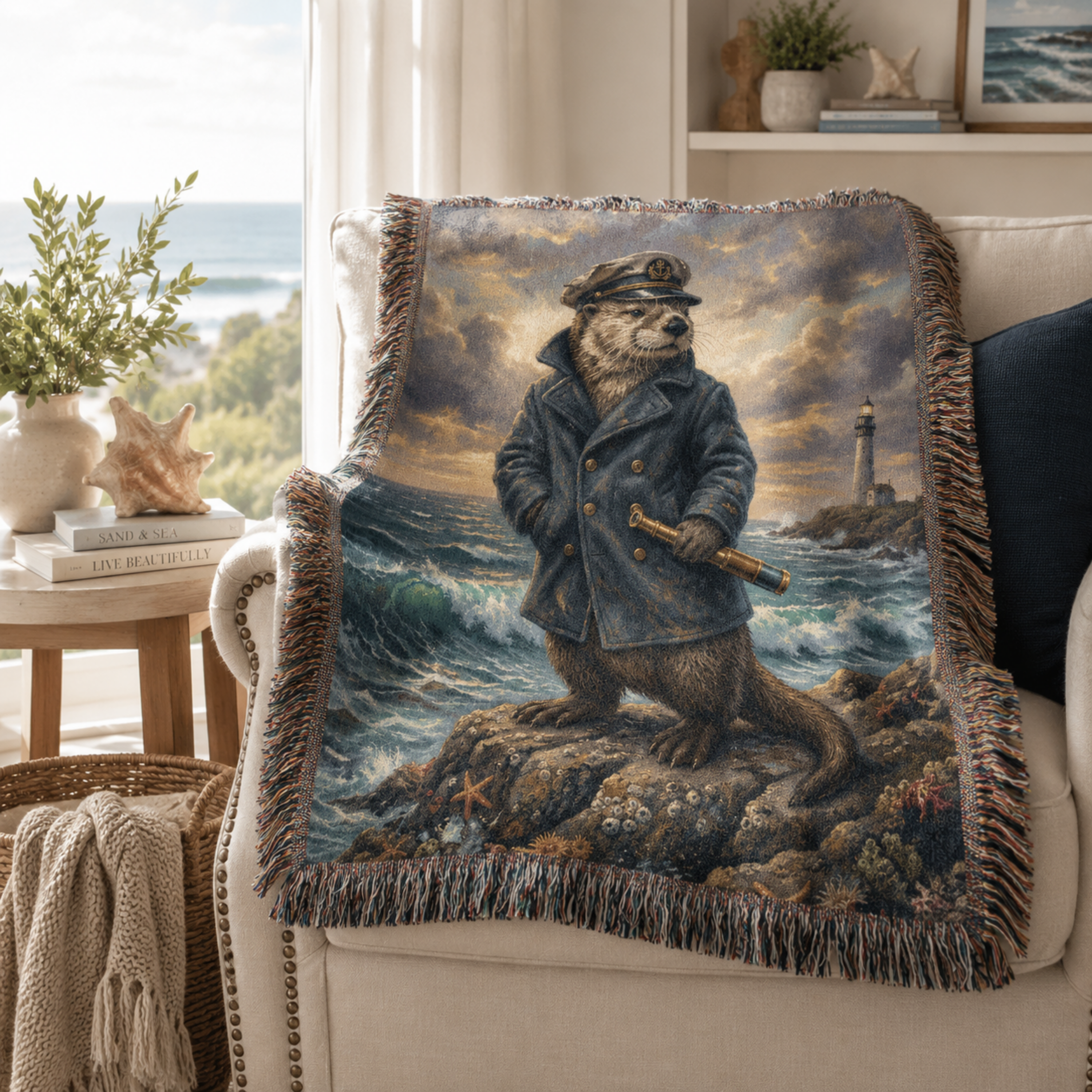 Captain Silas nautical otter woven cotton throw blanket hung on white shiplap wall in bright coastal living room, real ocean visible through large windows, shells and coastal books on console table below