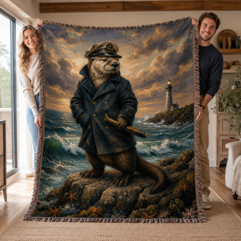 Couple holding Captain Silas nautical otter woven cotton throw blanket fully open, showing complete jacquard portrait of sea otter in mariner coat with lighthouse and crashing waves, multicolor fringe on all four sides